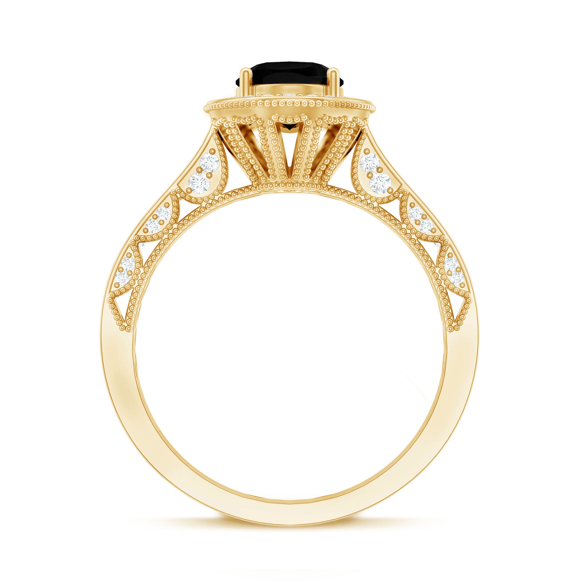Rosec Jewels-Vintage Inspired Black Onyx Oval Engagement Ring with Diamond Halo