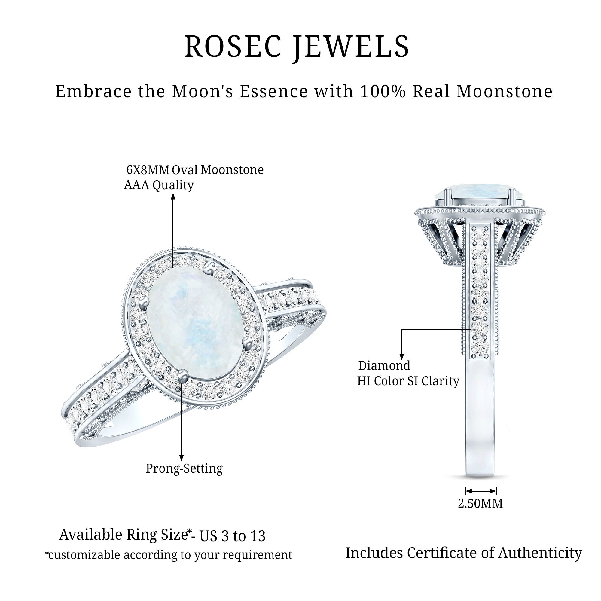 1.50 CT Moonstone and Diamond Engagement Ring with Milgrain Details AAA - Rosec Jewels