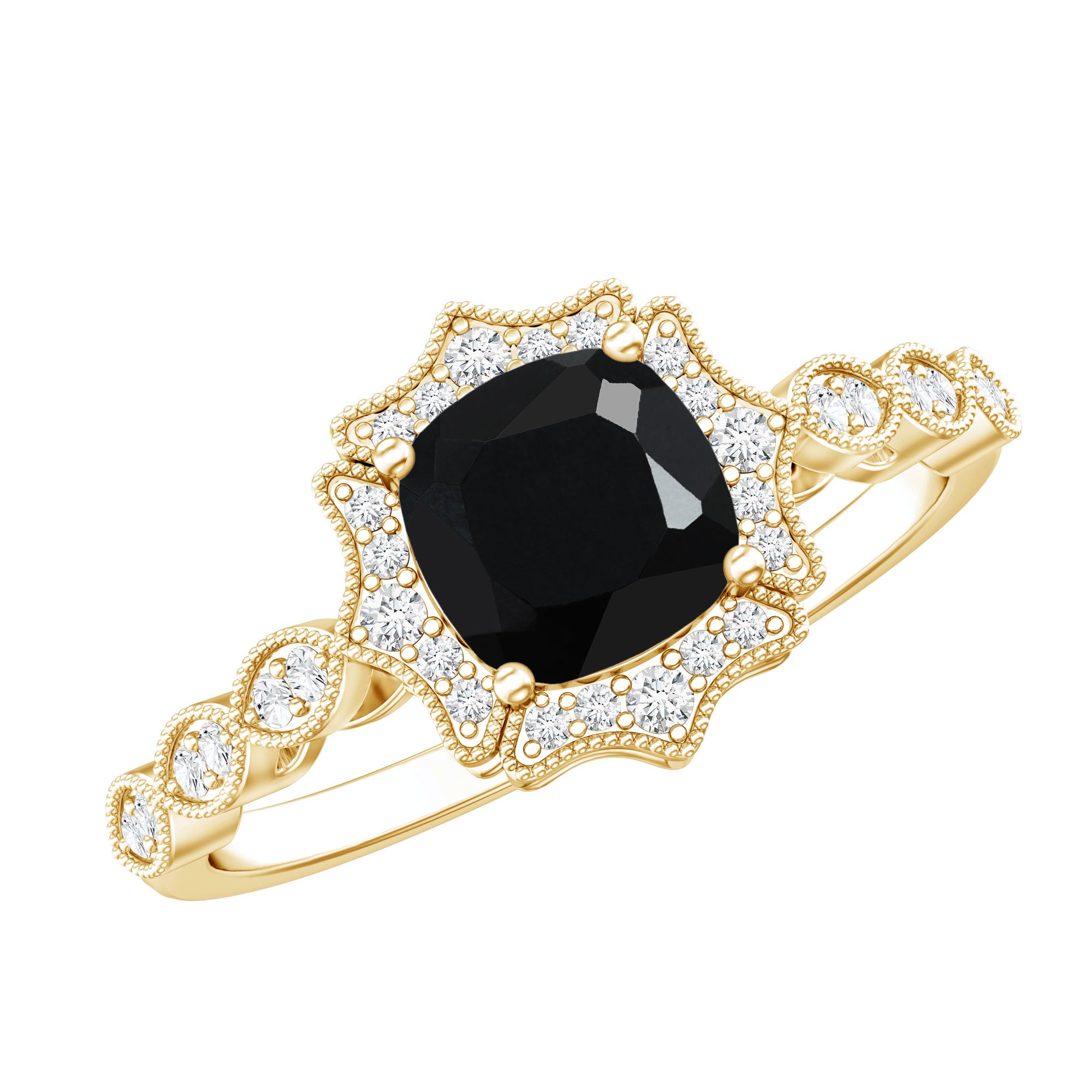 Vintage Inspired Black Onyx and Diamond Halo Engagement Ring AAA - Rosec Jewels