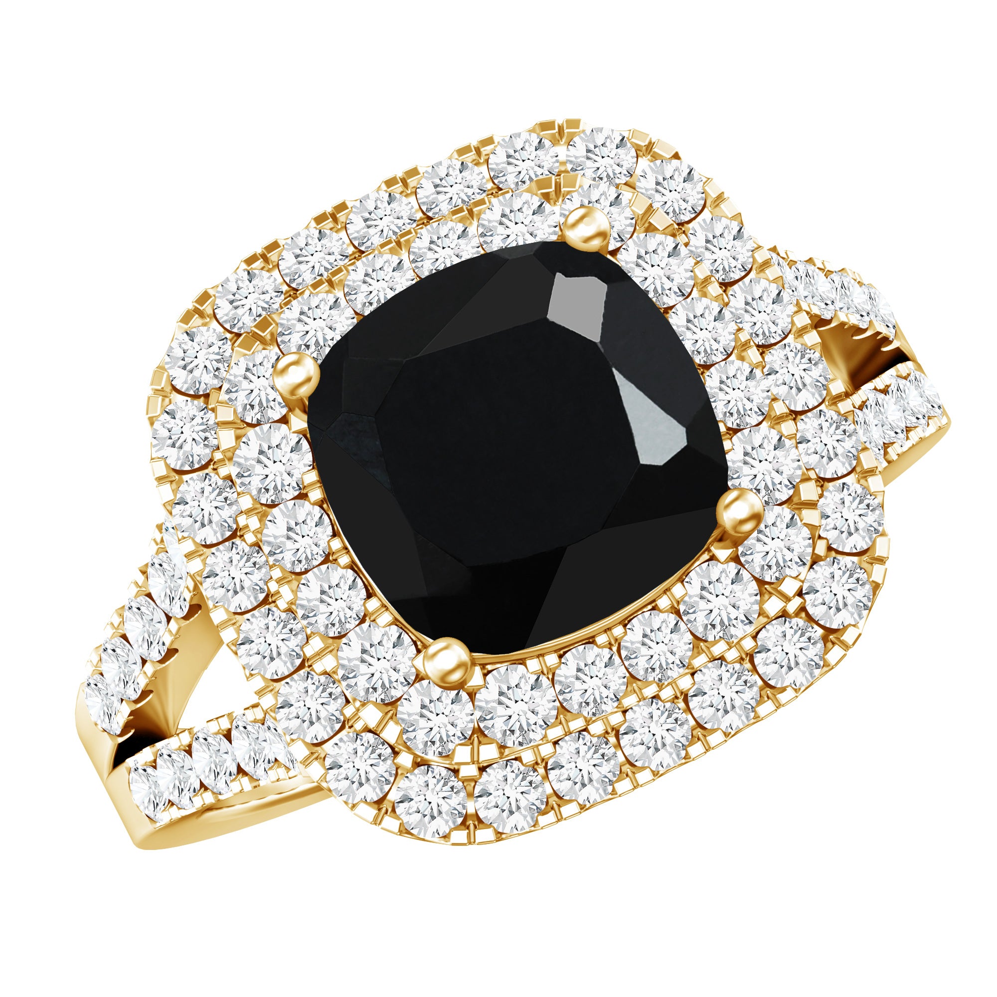Vintage Style Cushion Cut Black Onyx and Diamond Double Halo Engagement Ring AAA - Rosec Jewels