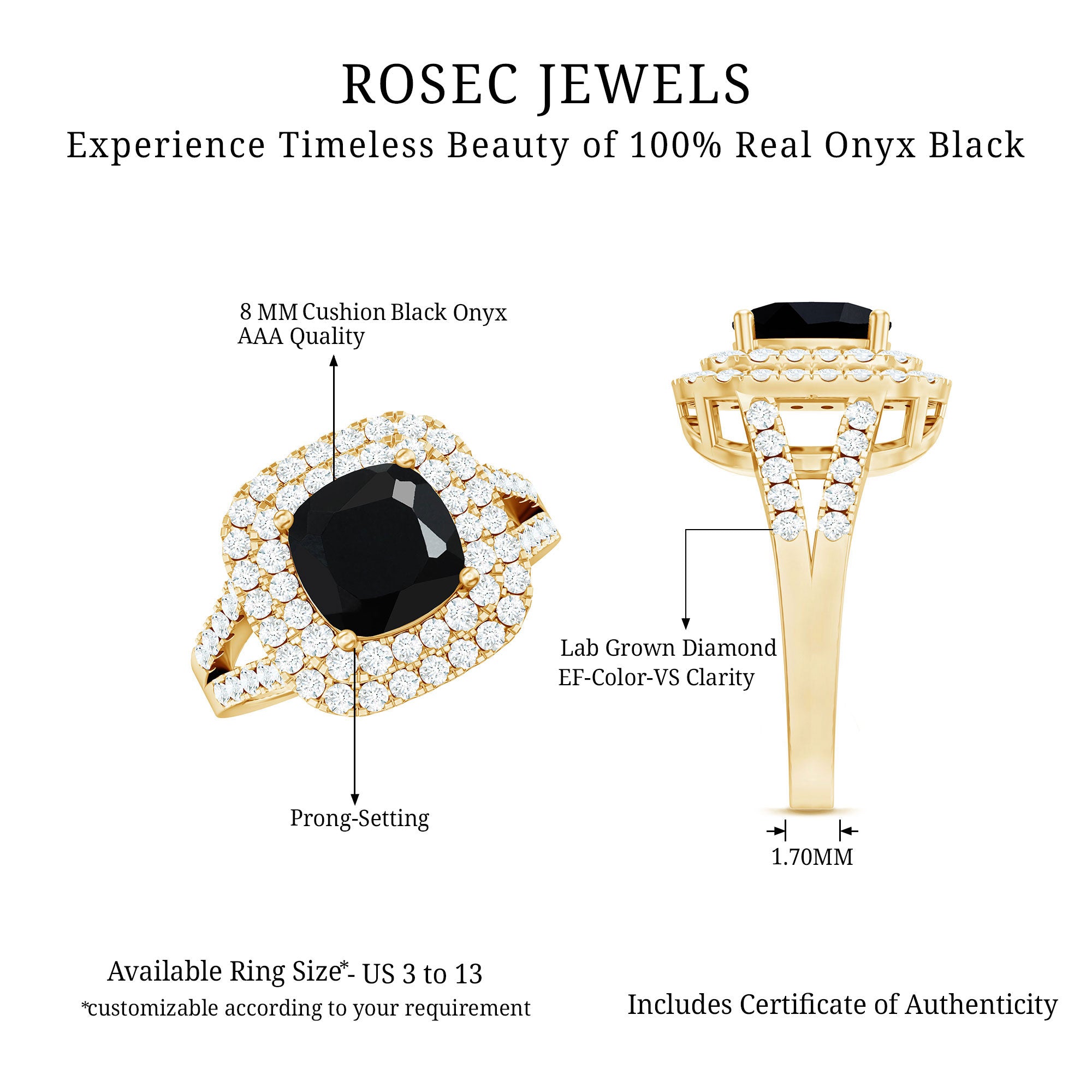 Vintage Style Cushion Cut Black Onyx and Diamond Double Halo Engagement Ring AAA - Rosec Jewels