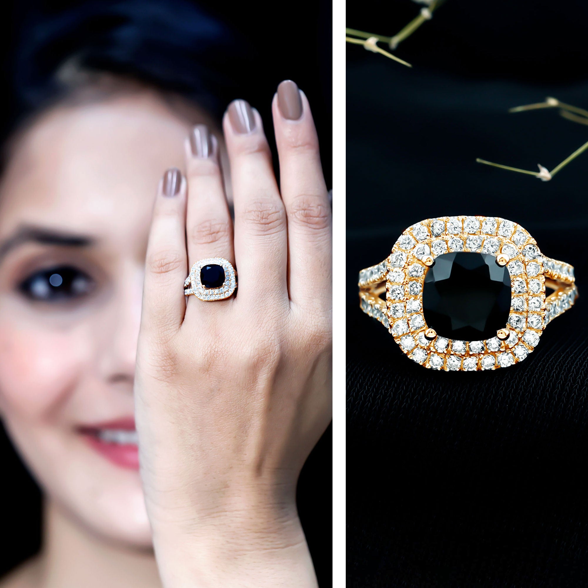 Vintage Style Cushion Cut Black Onyx and Diamond Double Halo Engagement Ring AAA - Rosec Jewels