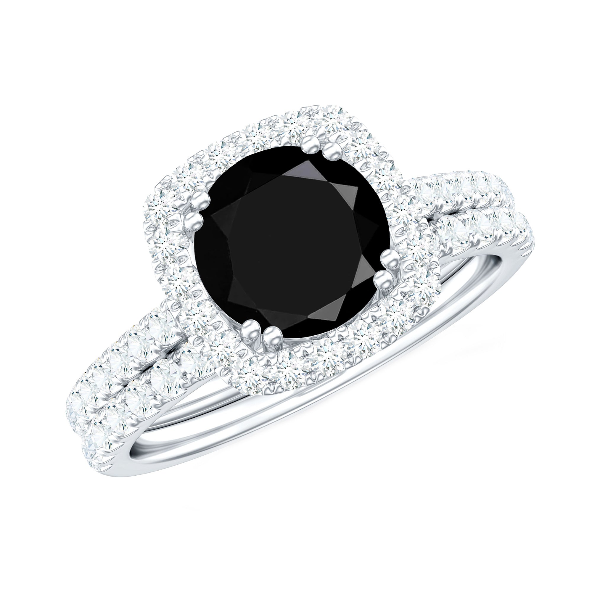 Certified 2 Carat Lab Grown Black Diamond Halo Engagement Ring with Moissanite Wedding Band AAAA ( Synthetic ) - Rosec Jewels