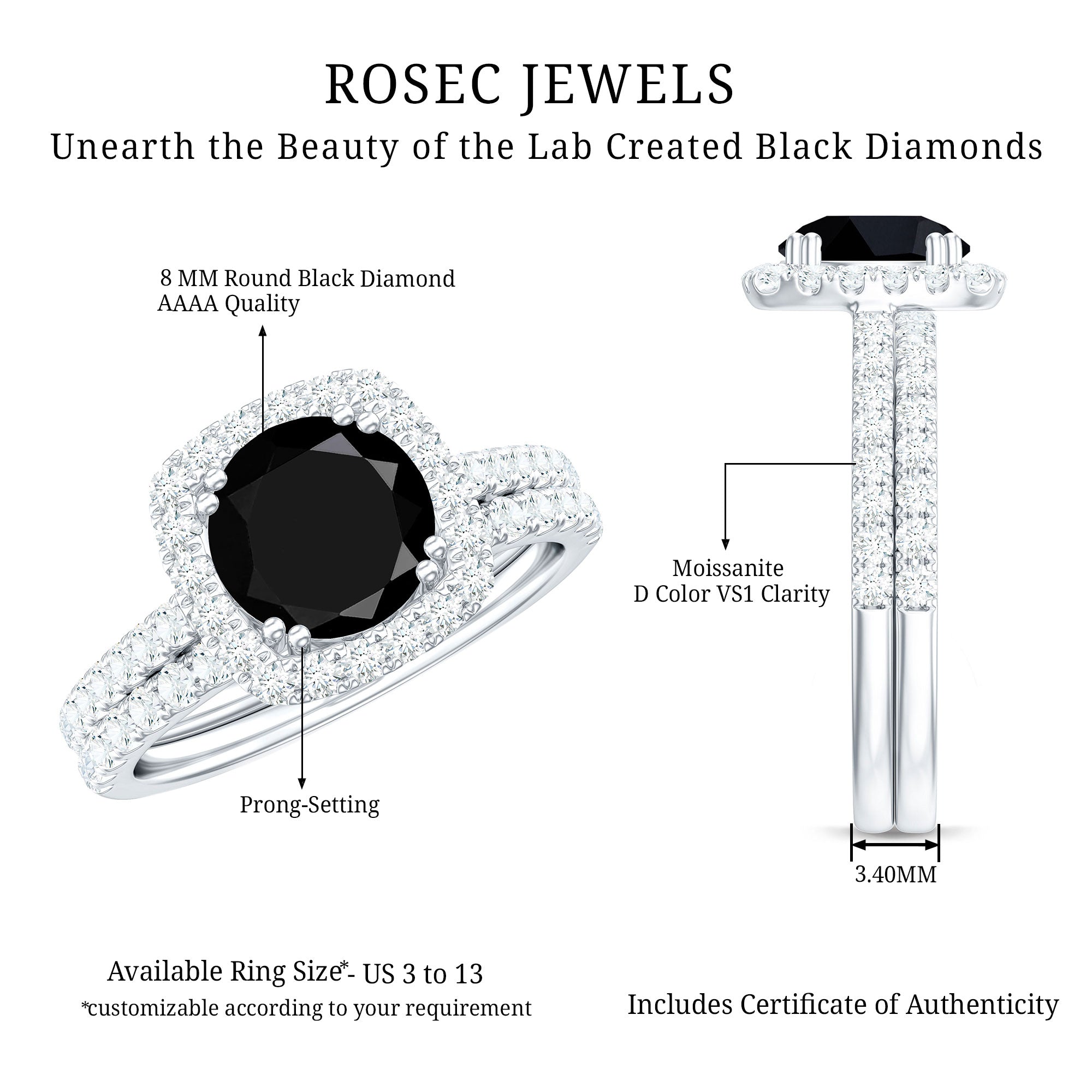 Certified 2 Carat Lab Grown Black Diamond Halo Engagement Ring with Moissanite Wedding Band AAAA ( Synthetic ) - Rosec Jewels
