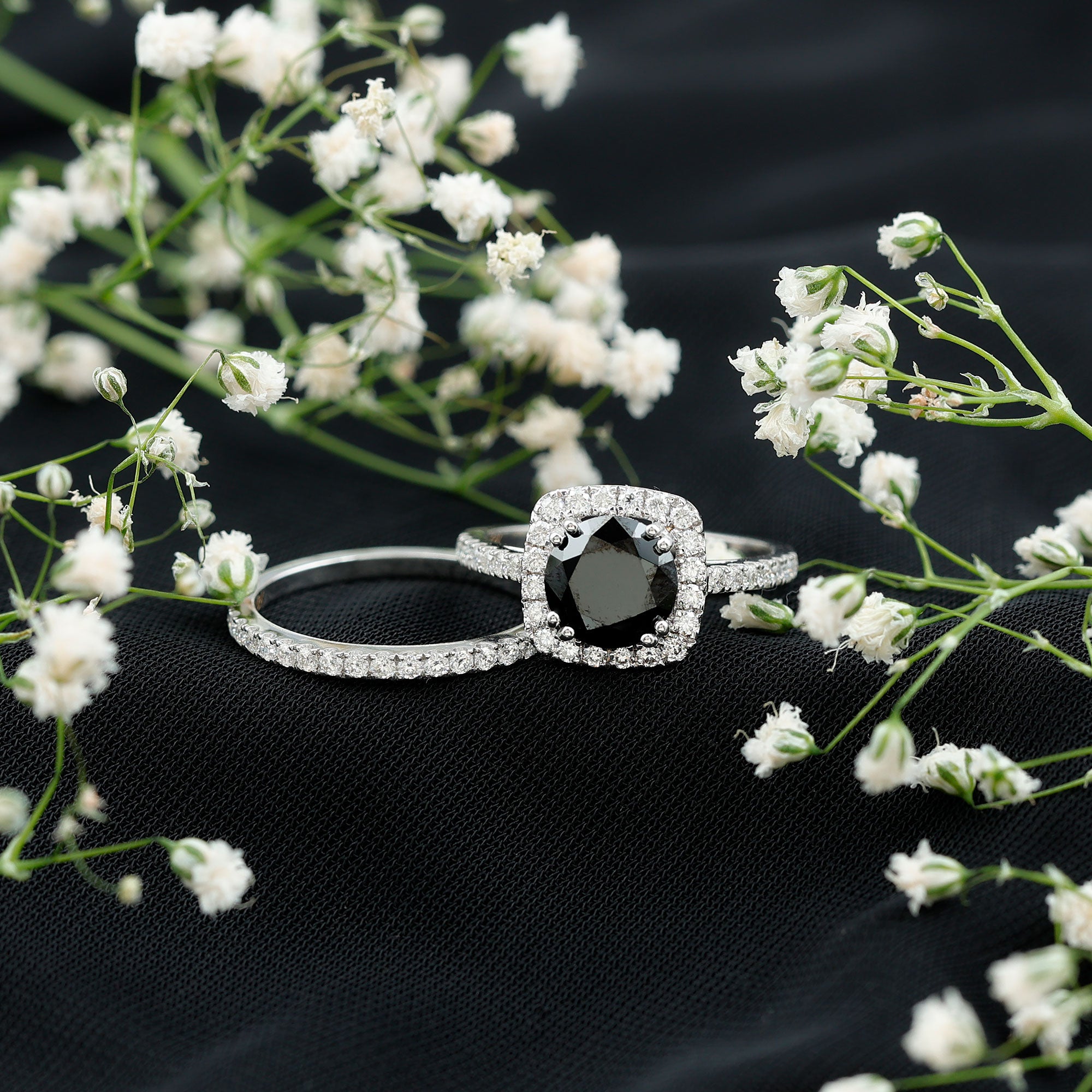 Certified 2 Carat Lab Grown Black Diamond Halo Engagement Ring with Moissanite Wedding Band AAAA ( Synthetic ) - Rosec Jewels