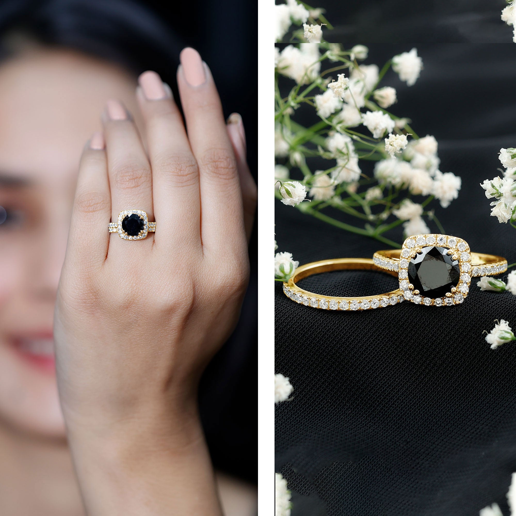 Certified 2 Carat Lab Grown Black Diamond Halo Engagement Ring with Moissanite Wedding Band AAAA ( Synthetic ) - Rosec Jewels