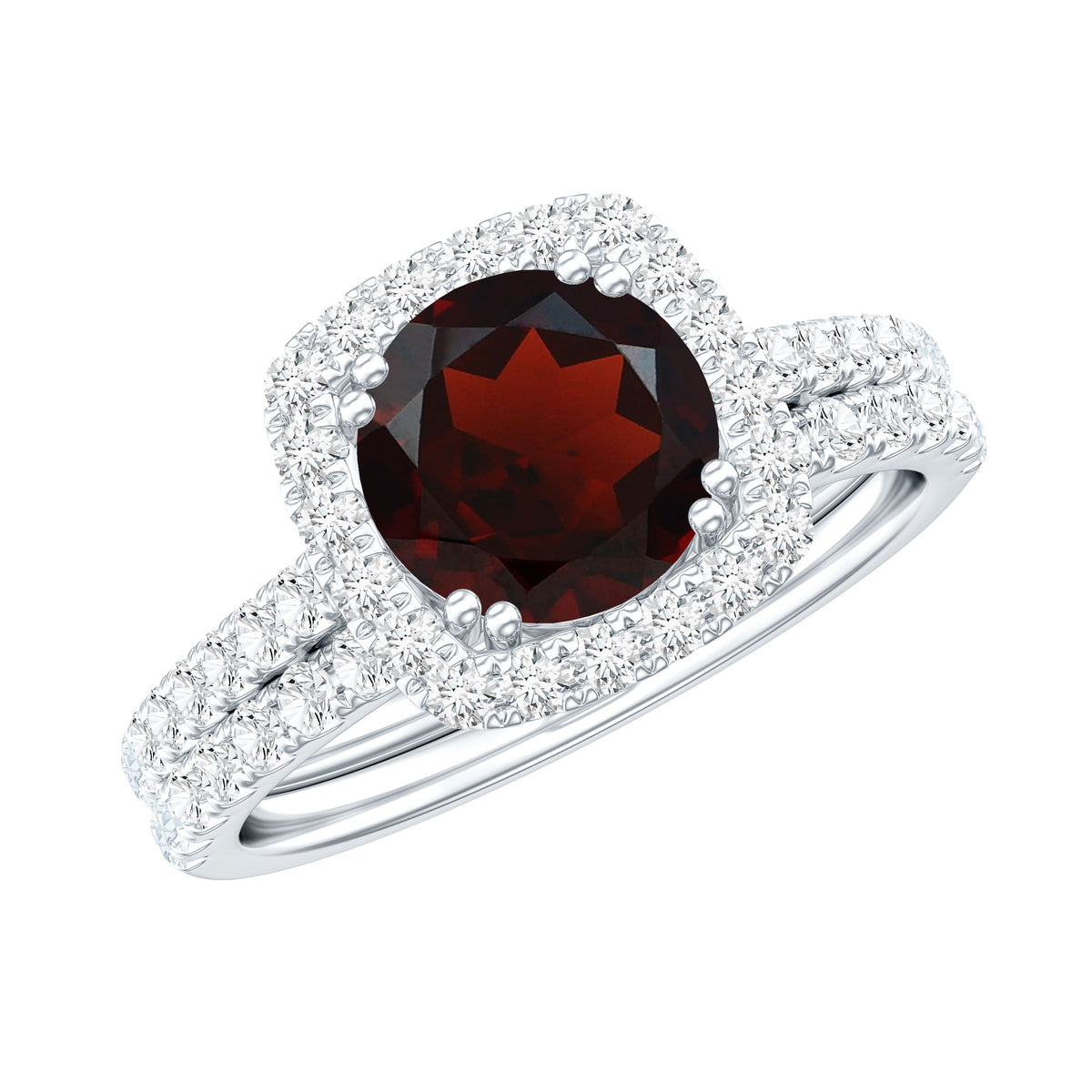 Natural Garnet Diamond Engagement Ring with Wedding Band AAA - Rosec Jewels