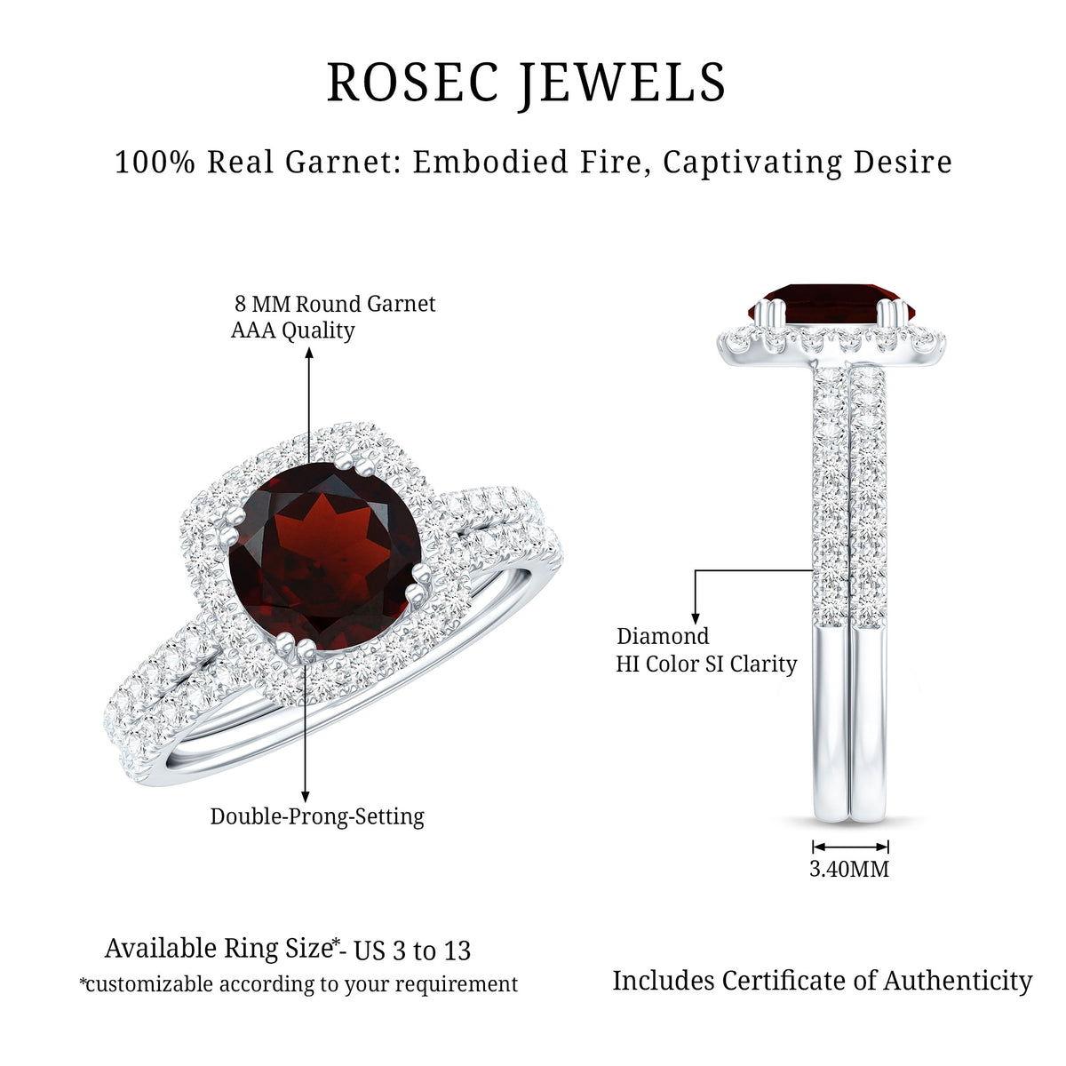 Natural Garnet Diamond Engagement Ring with Wedding Band AAA - Rosec Jewels