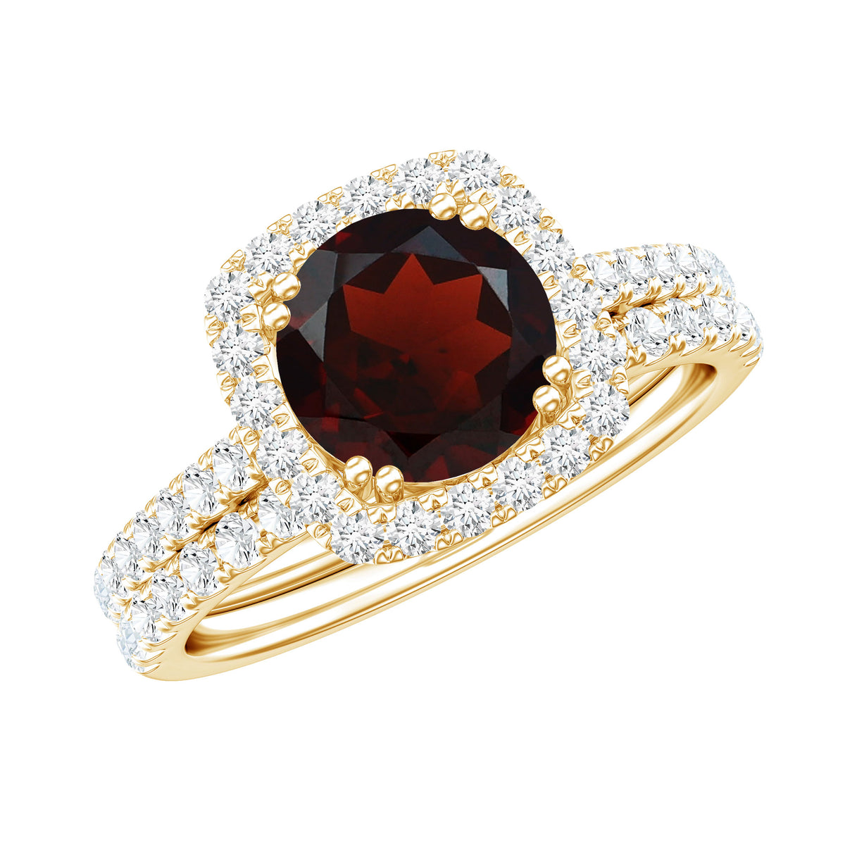 Natural Garnet Diamond Engagement Ring with Wedding Band AAA - Rosec Jewels
