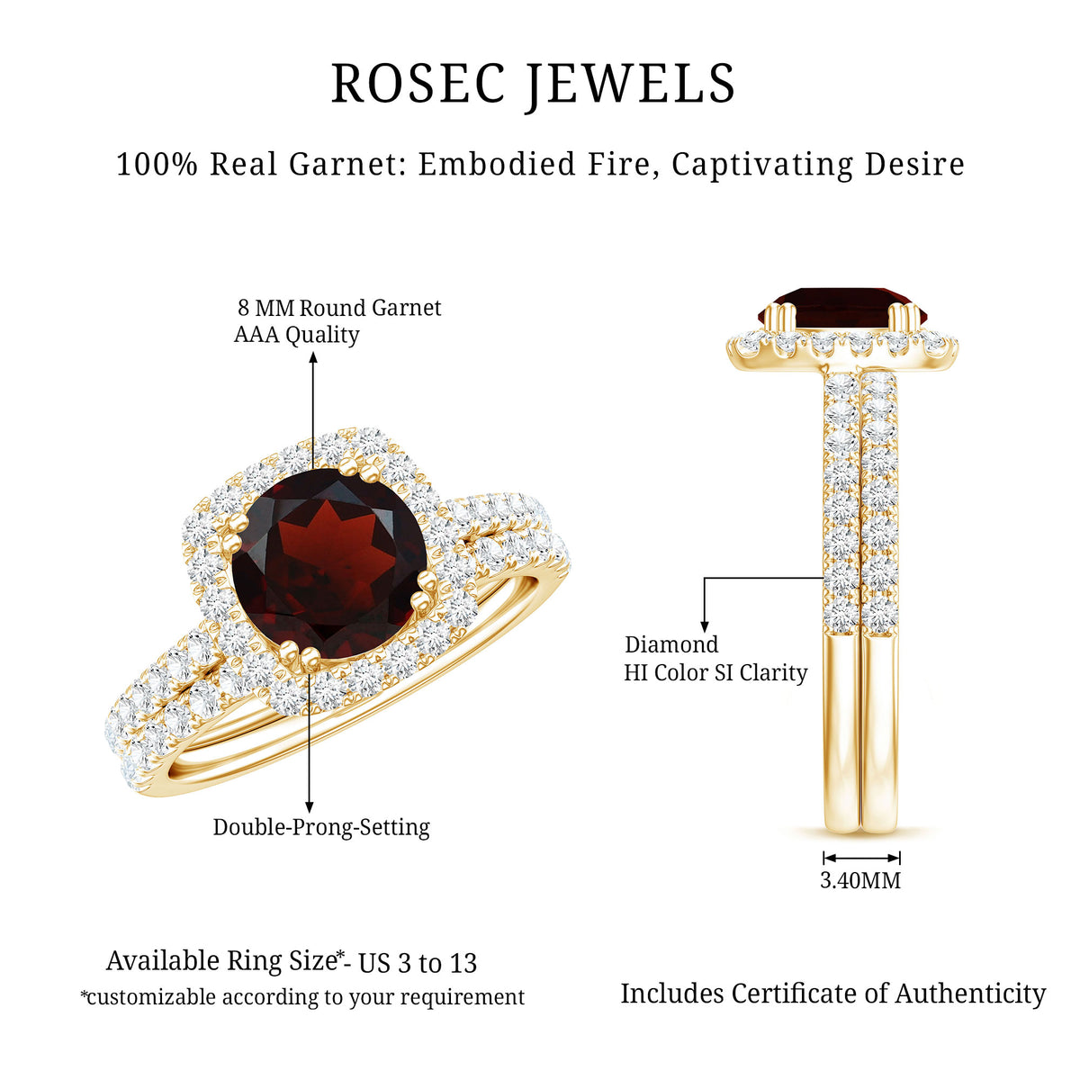 Natural Garnet Diamond Engagement Ring with Wedding Band AAA - Rosec Jewels