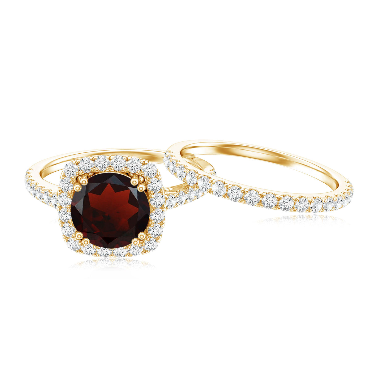 Natural Garnet Diamond Engagement Ring with Wedding Band AAA - Rosec Jewels