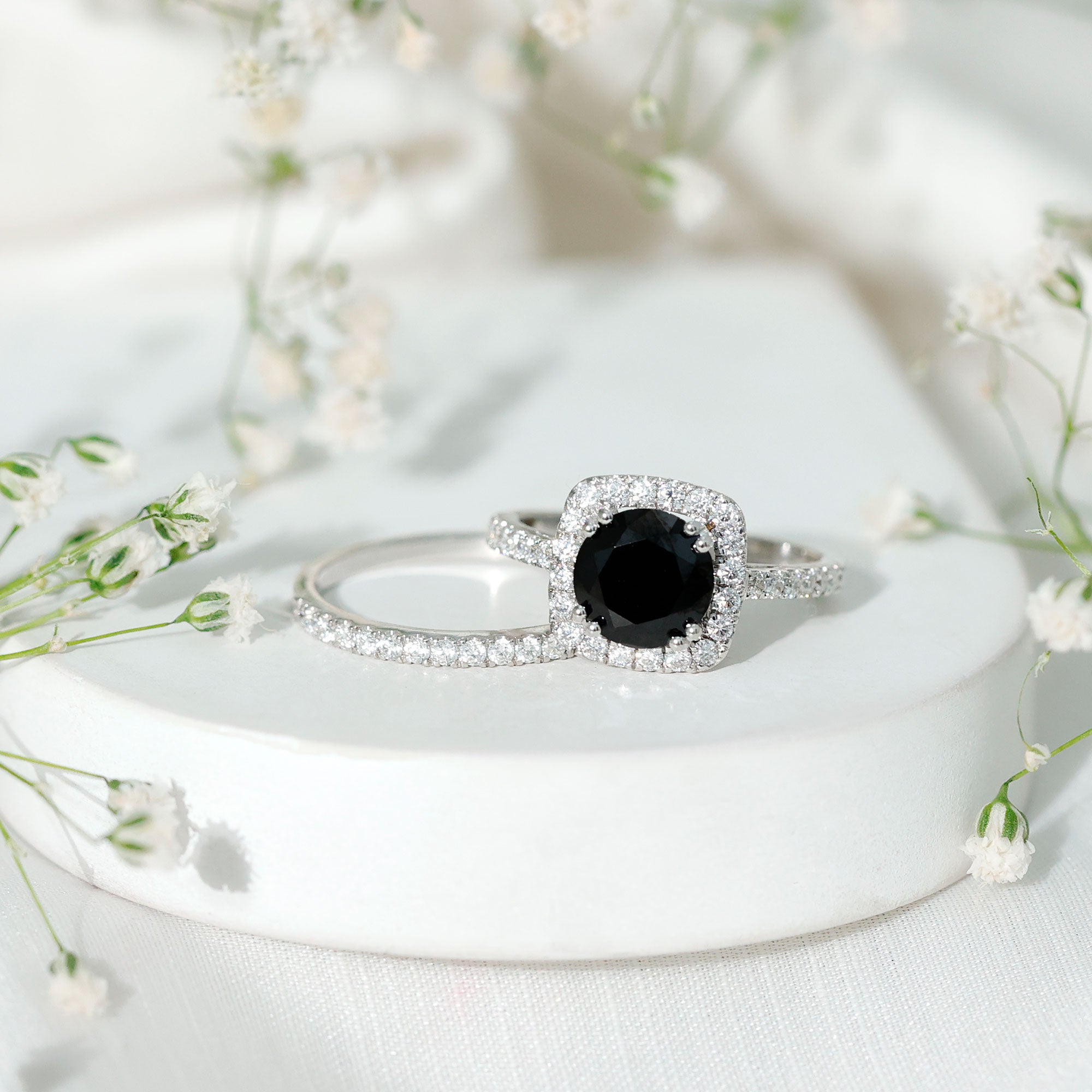 Natural Black Spinel Wedding Bridal Ring Set with Moissanite AAA - Rosec Jewels