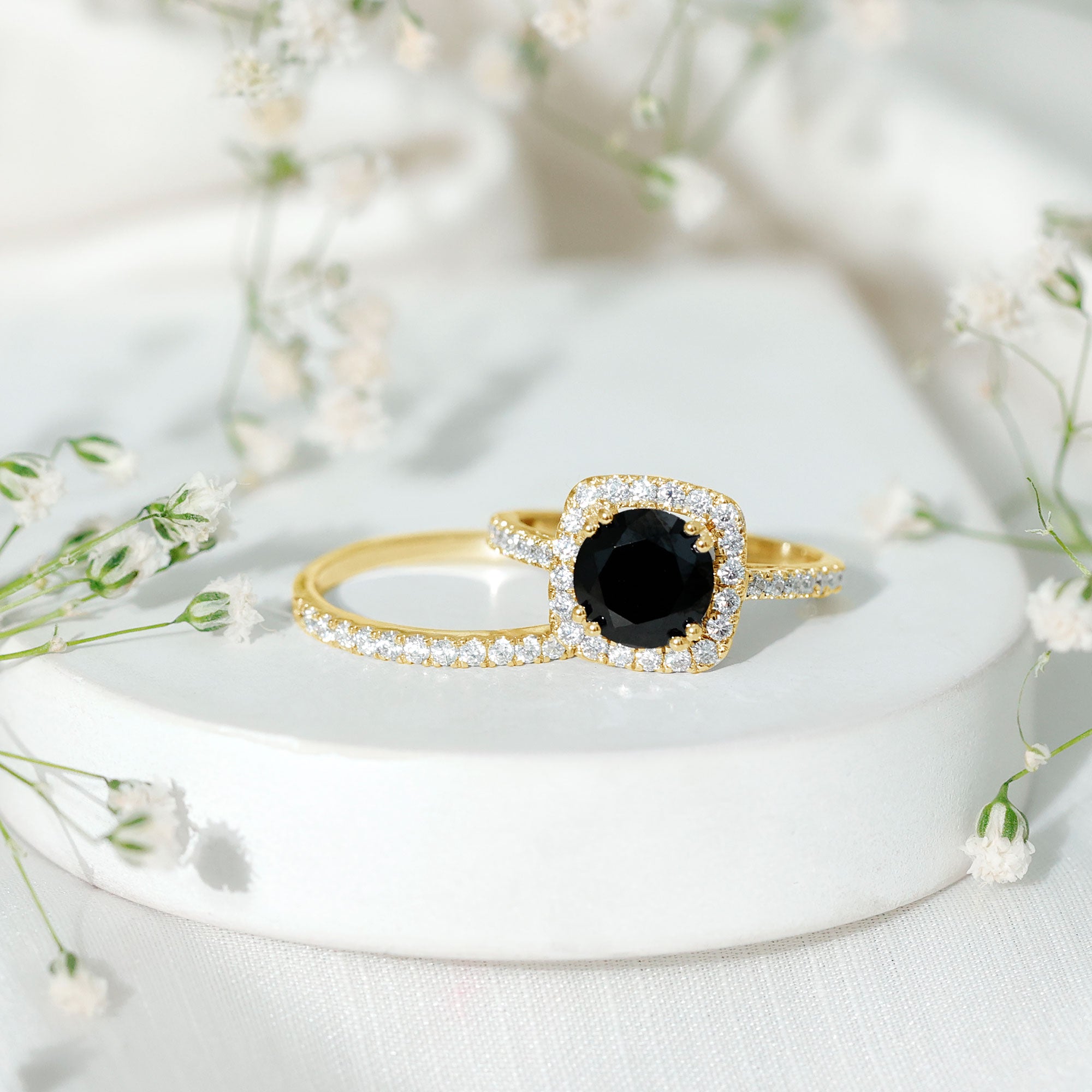 Natural Black Spinel Wedding Bridal Ring Set with Moissanite AAA - Rosec Jewels