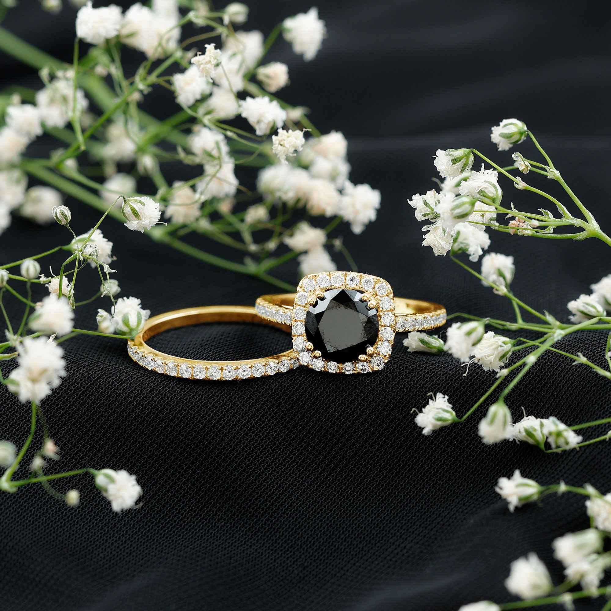 Round Cut Black Onyx Bridal Wedding Ring Set with Moissanite AAA - Rosec Jewels