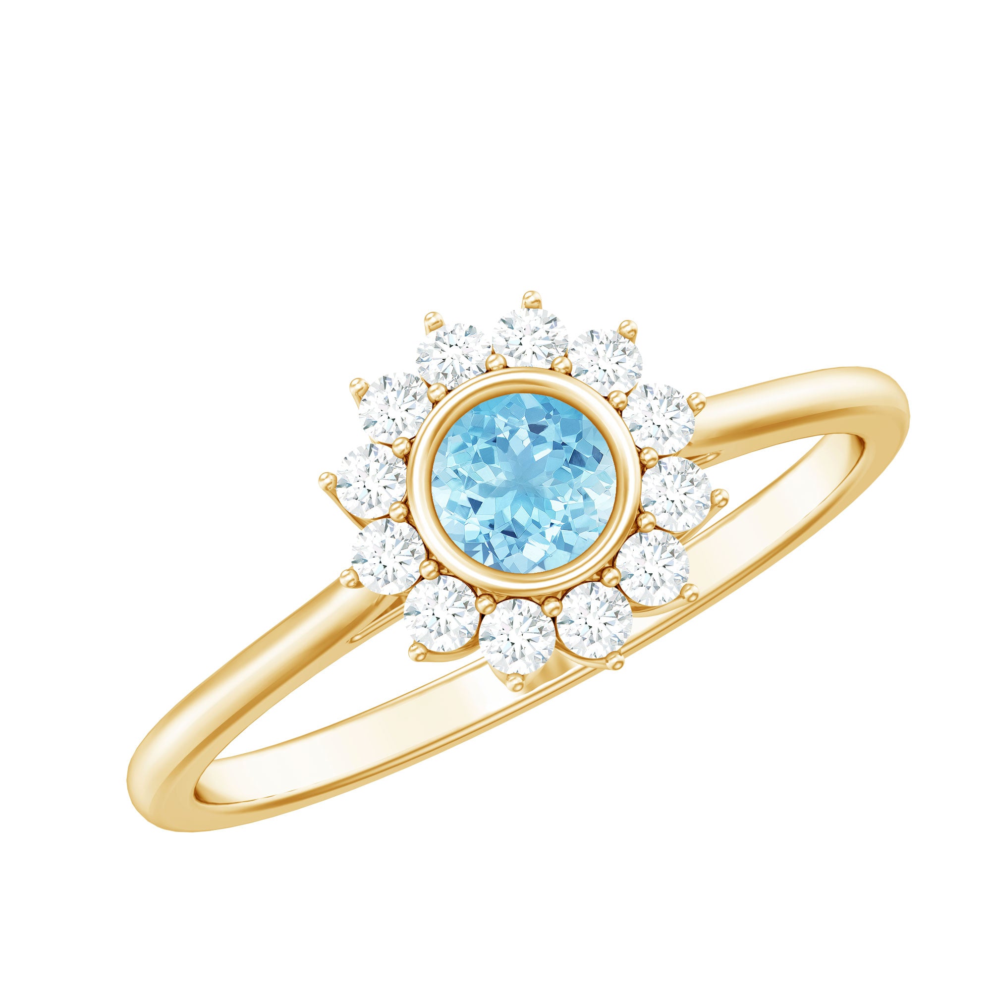 Real Round Aquamarine and Diamond Halo Promise Ring AAA - Rosec Jewels