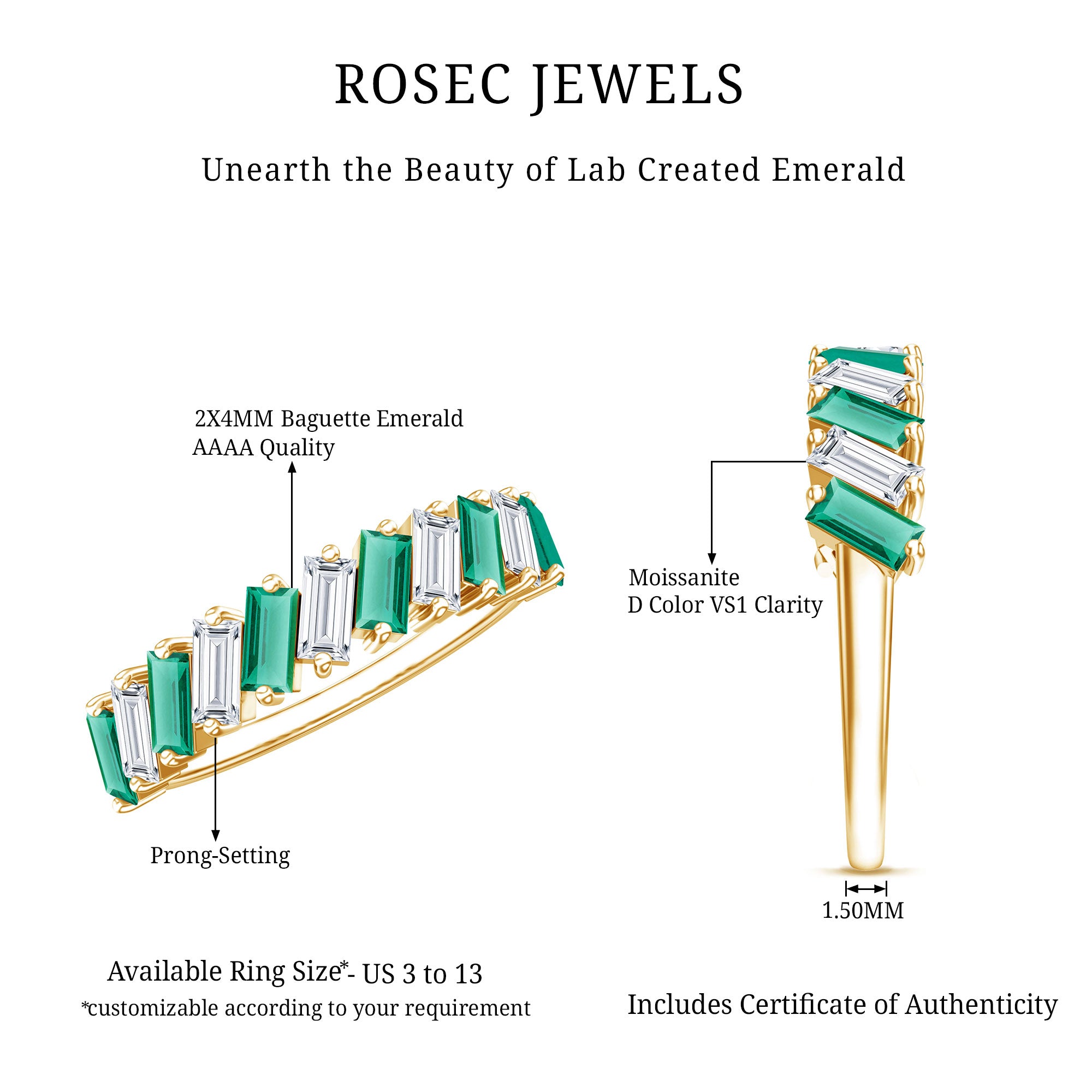 Certified Baguette Lab Grown Emerald Wedding Anniversary Band Ring AAAA - Rosec Jewels