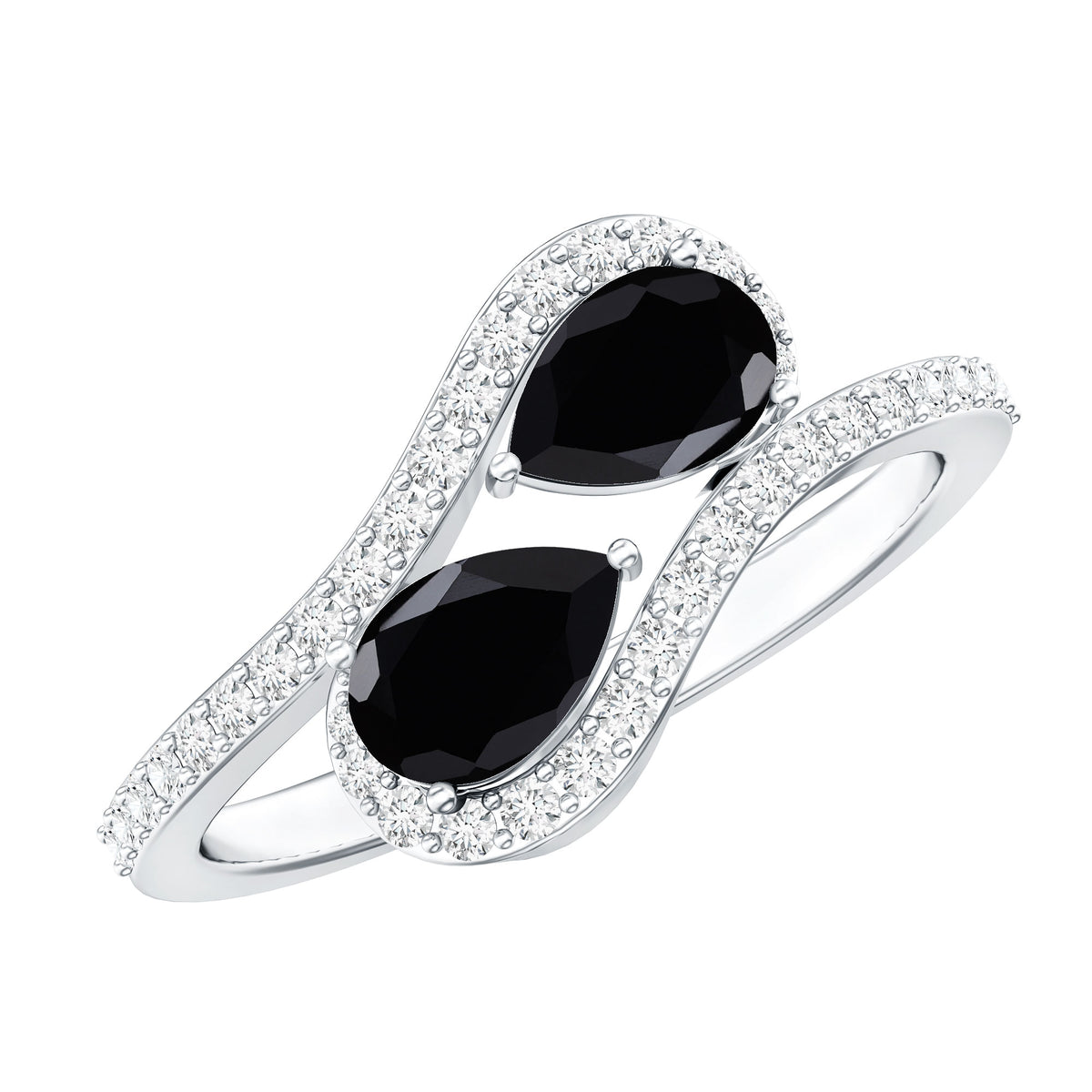 Pear Cut Black Onyx Two Stone Engagement Ring with Diamond AAA - Rosec Jewels