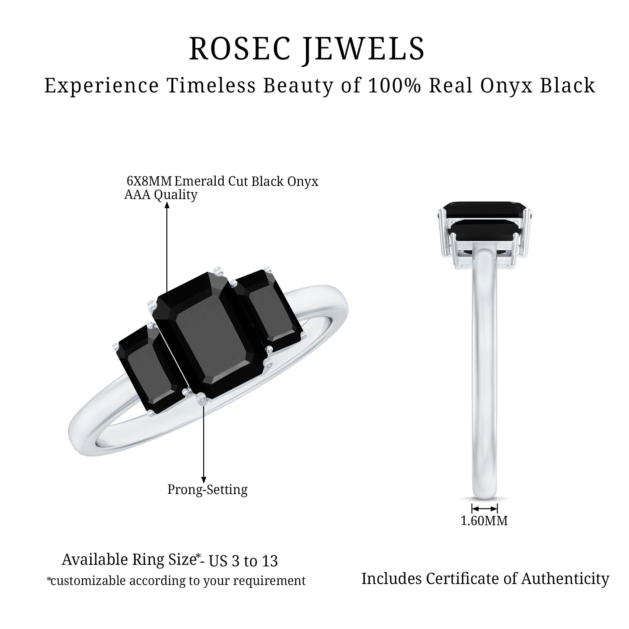 Emerald Cut Black Onyx Three Stone Engagement Ring AAA - Rosec Jewels