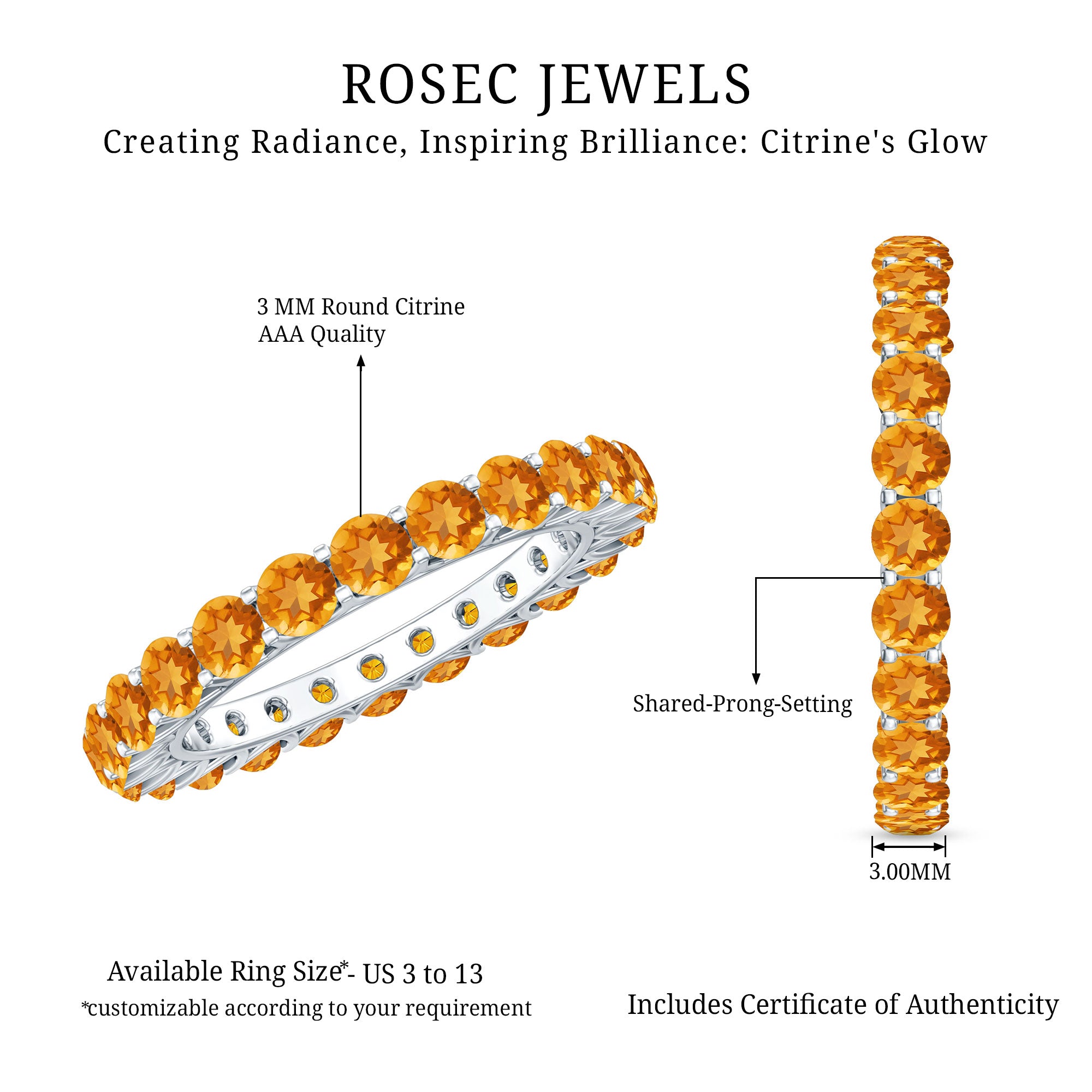 Round Citrine Simple Full Eternity Band Ring AAA - Rosec Jewels