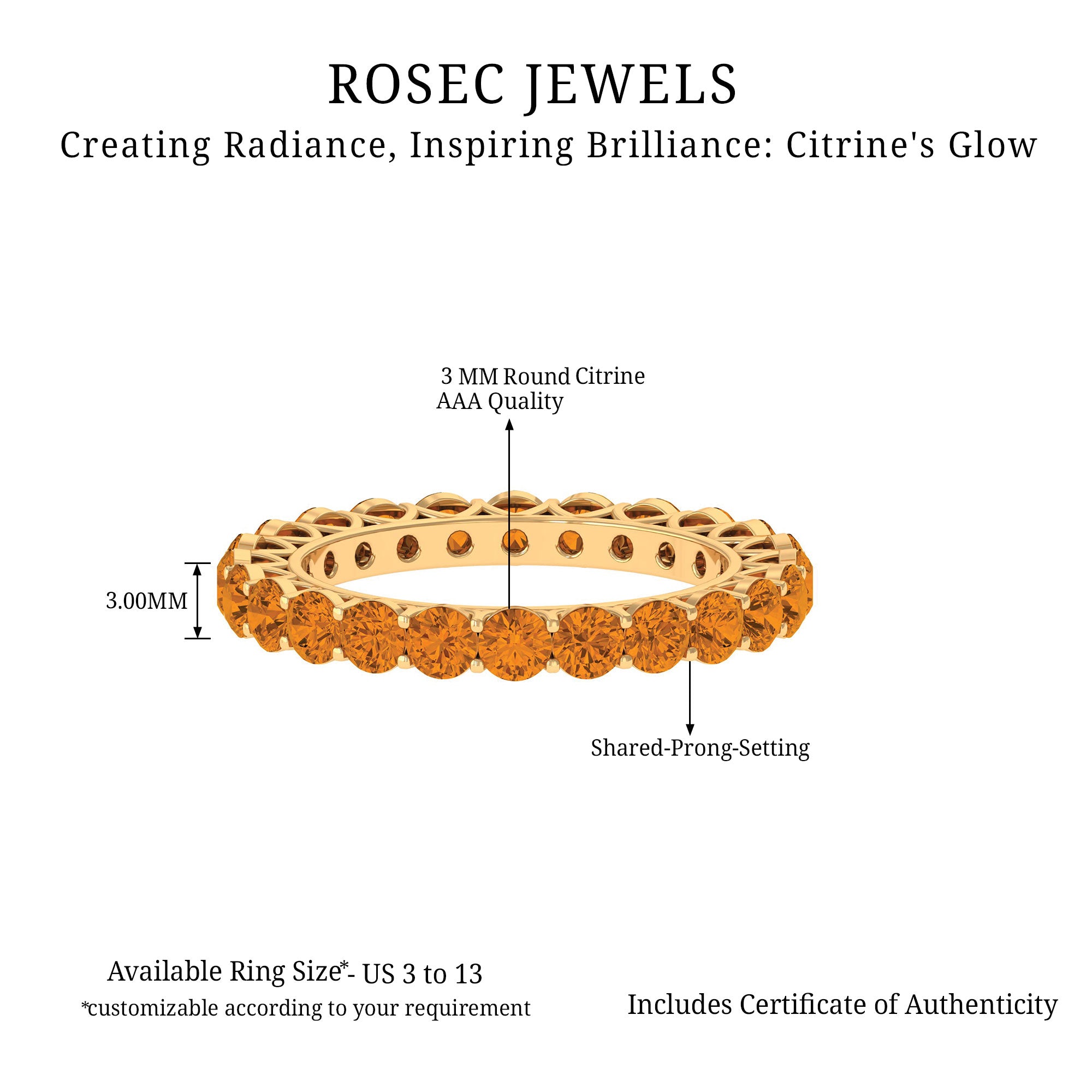 Round Citrine Simple Full Eternity Band Ring AAA - Rosec Jewels
