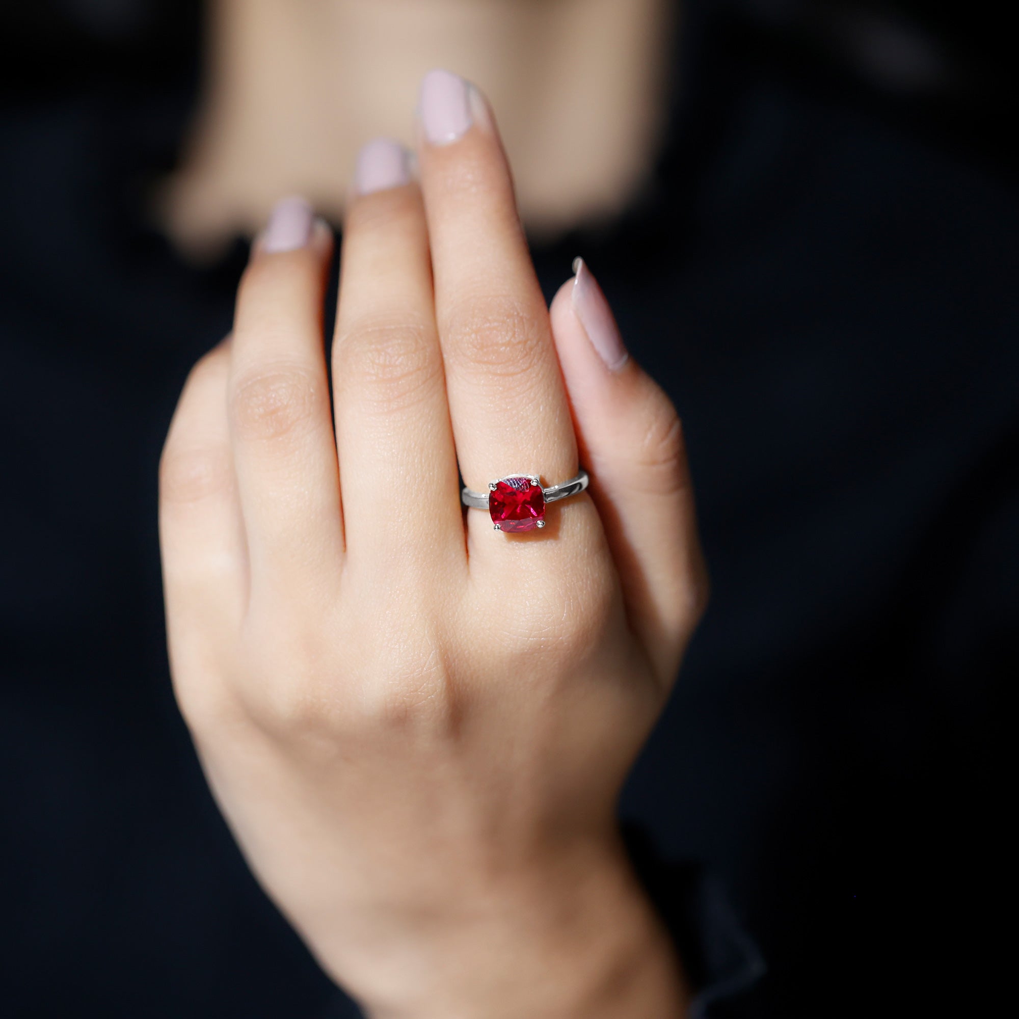 Solitaire 2 Carat Cushion Cut Lab Grown Ruby Engagement Ring AAAA - Rosec Jewels
