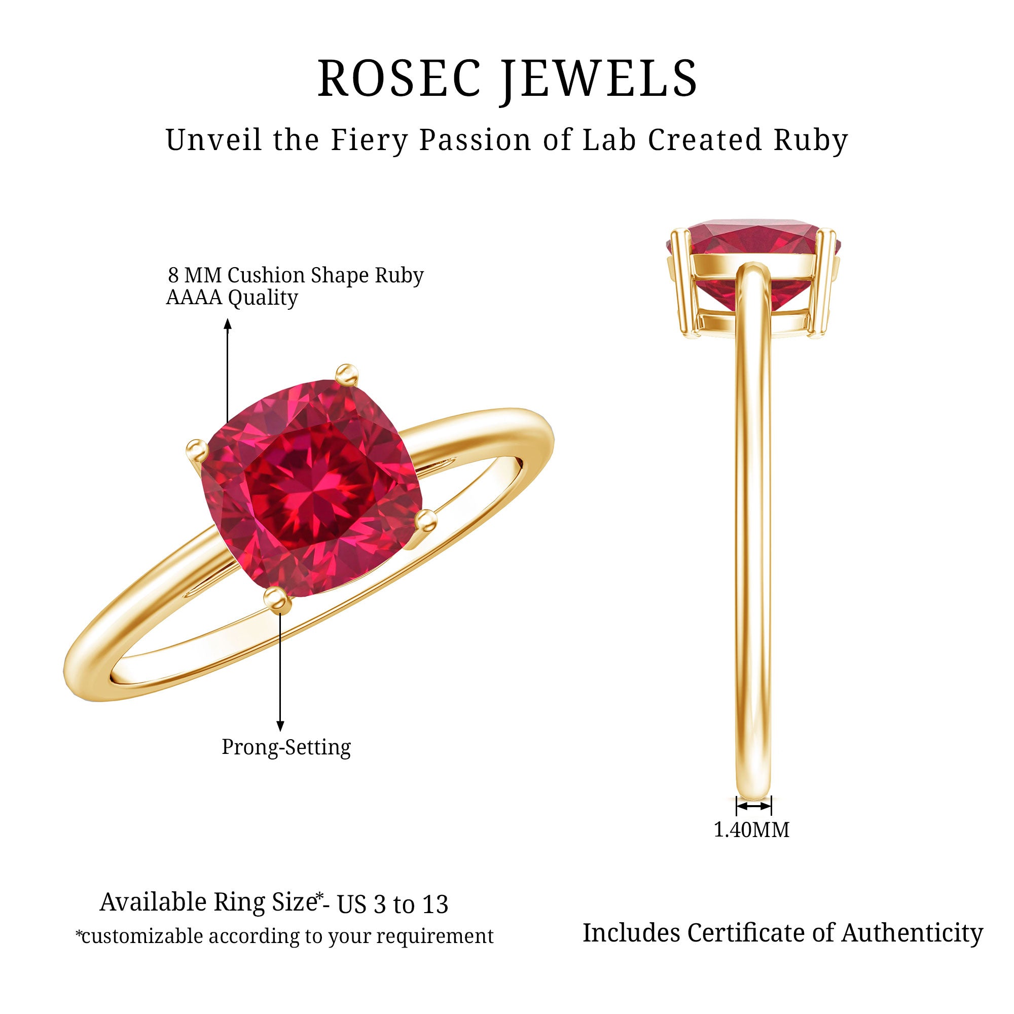Solitaire 2 Carat Cushion Cut Lab Grown Ruby Engagement Ring AAAA - Rosec Jewels