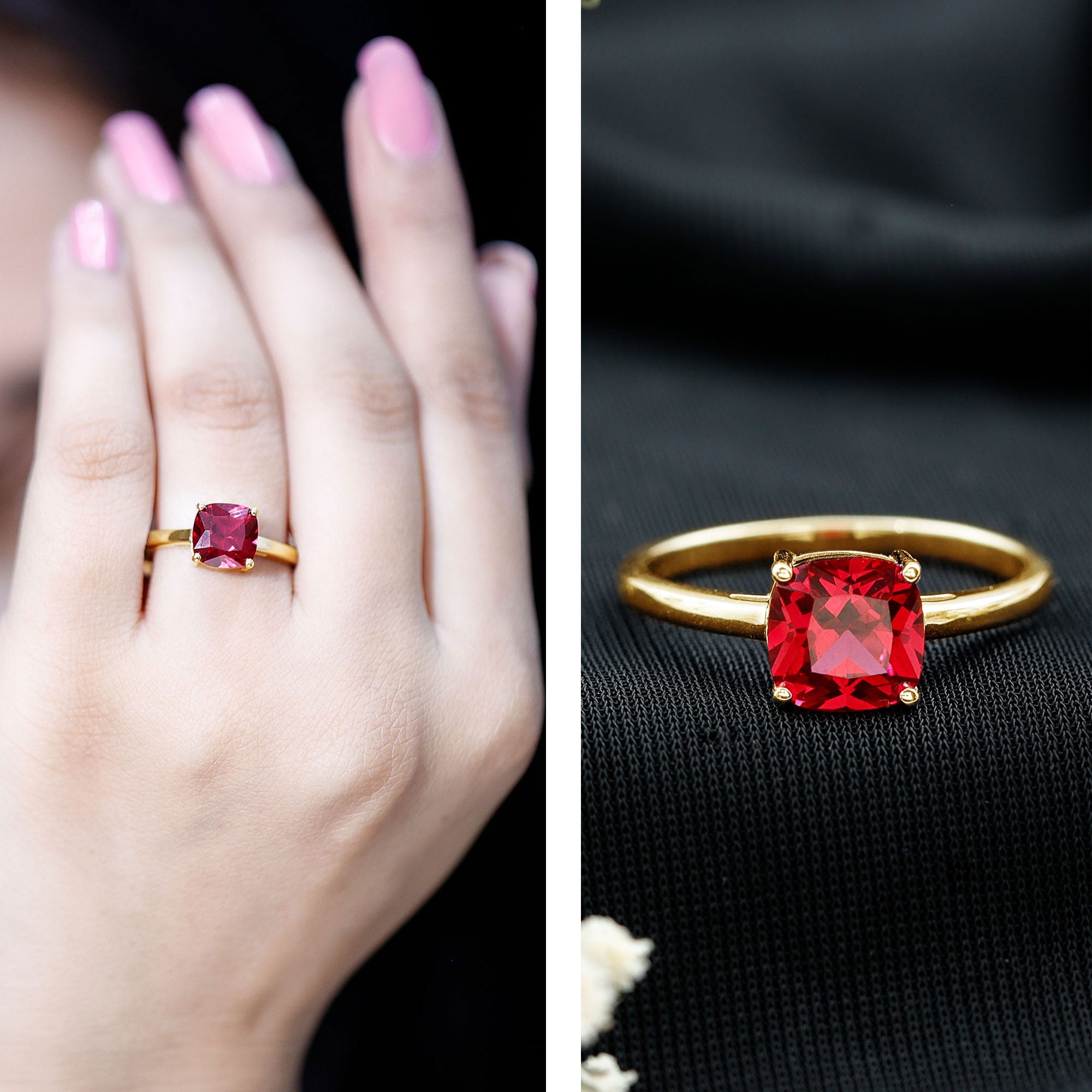 Solitaire 2 Carat Cushion Cut Lab Grown Ruby Engagement Ring AAAA - Rosec Jewels