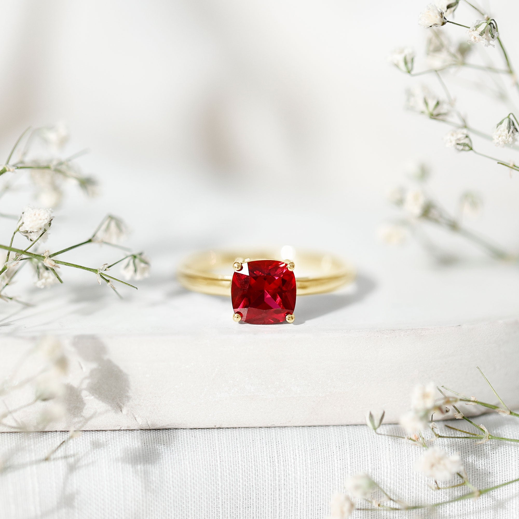 Solitaire 2 Carat Cushion Cut Lab Grown Ruby Engagement Ring AAAA - Rosec Jewels