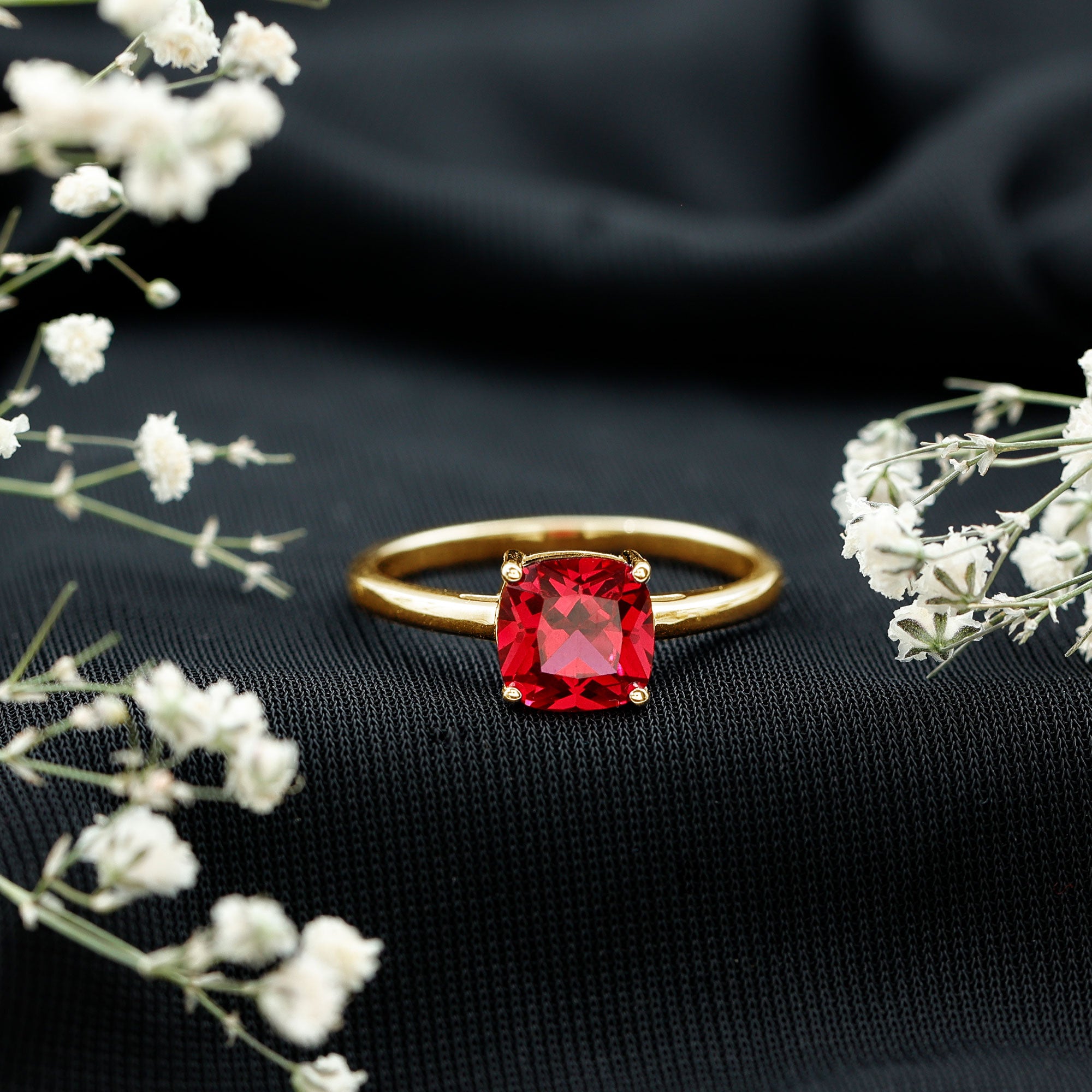 Solitaire 2 Carat Cushion Cut Lab Grown Ruby Engagement Ring AAAA - Rosec Jewels