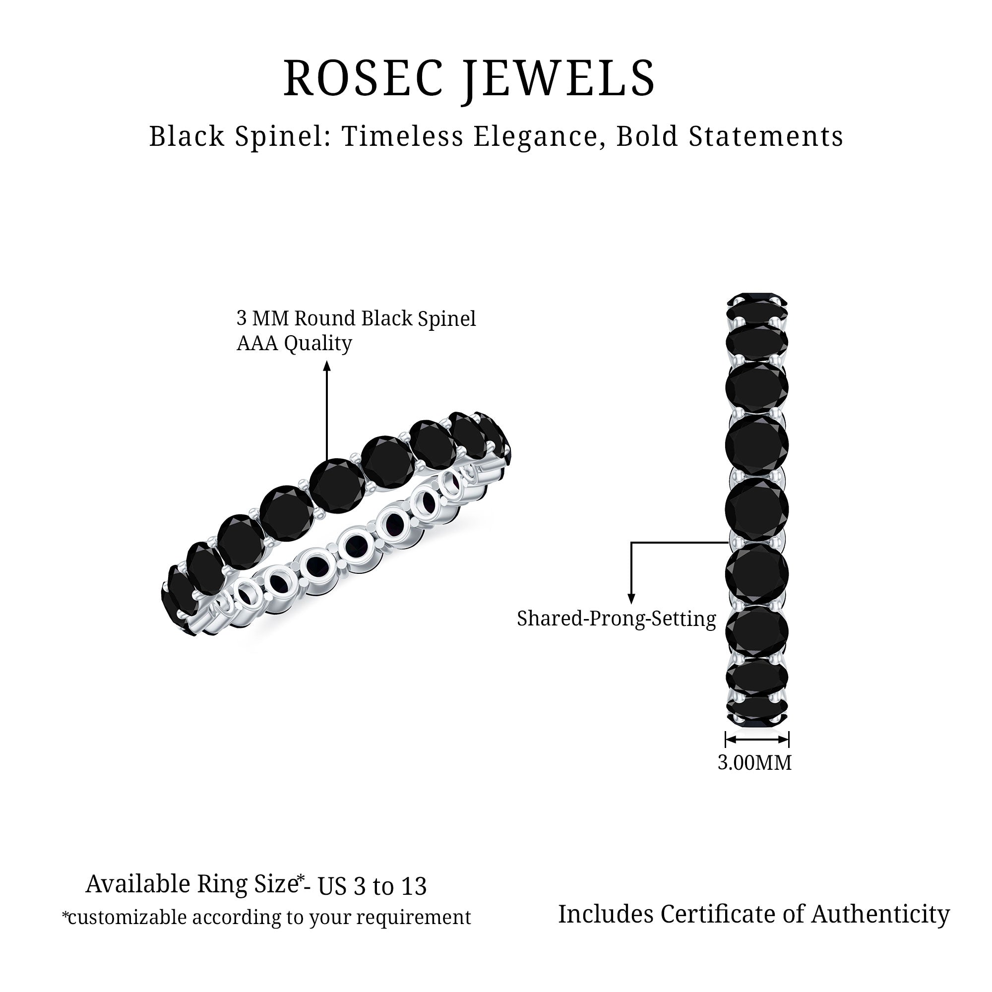 Certified Round Black Spinel Eternity Wedding Band AAA - Rosec Jewels