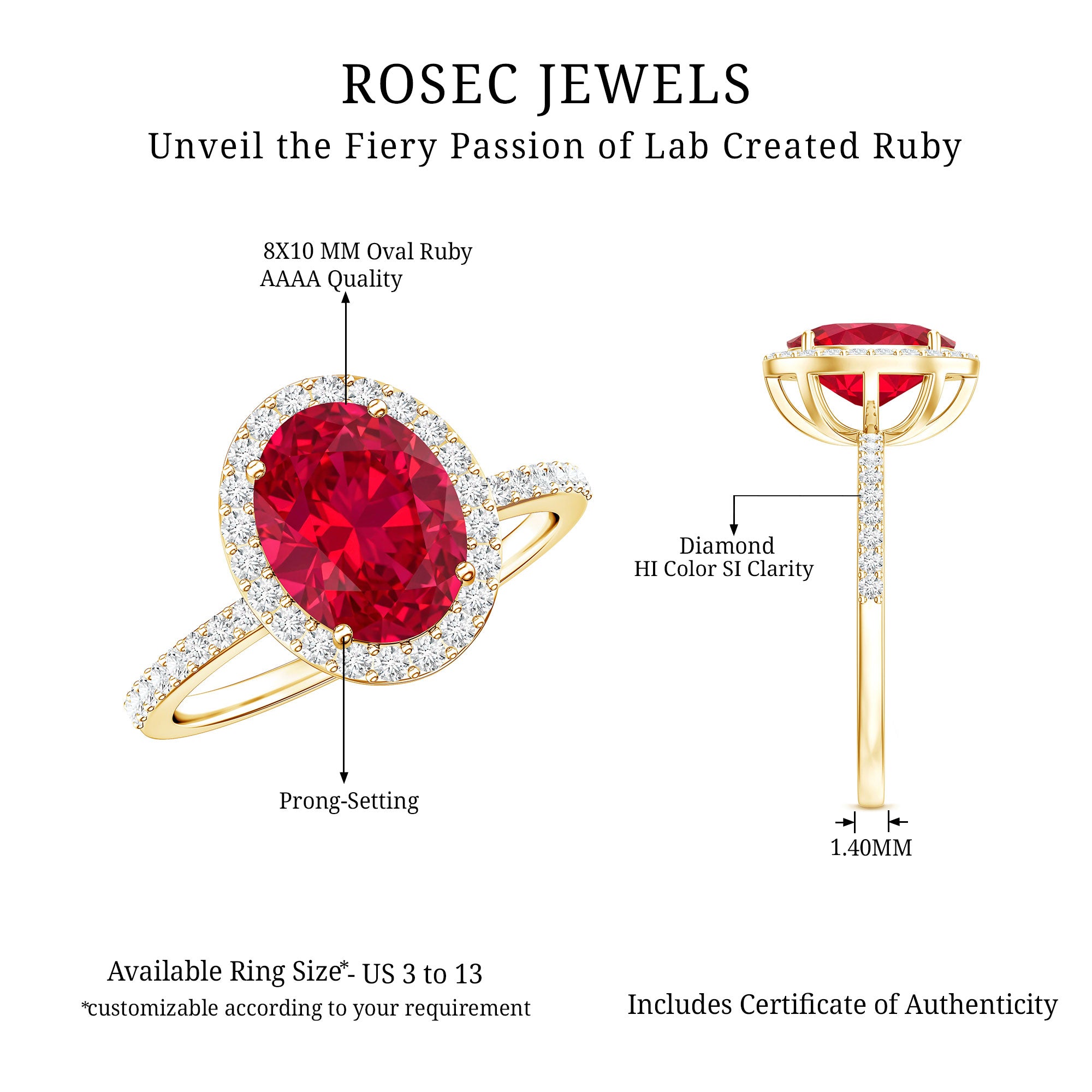 Classic Lab Grown Ruby Oval Engagement Ring with Diamond Halo AAAA - Rosec Jewels