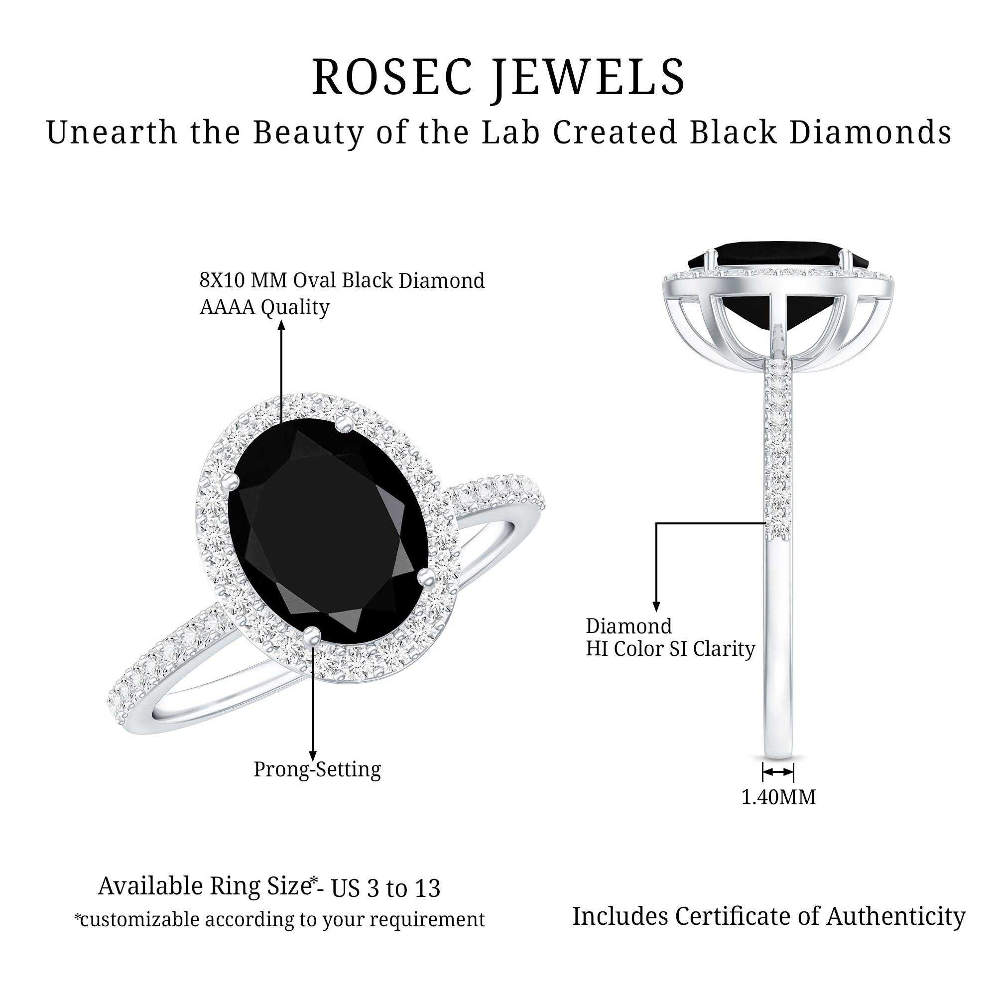 Certified 4.2 Carat Lab Grown Black and White Diamond Oval Engagement Ring with Halo AAAA ( Synthetic ) - Rosec Jewels