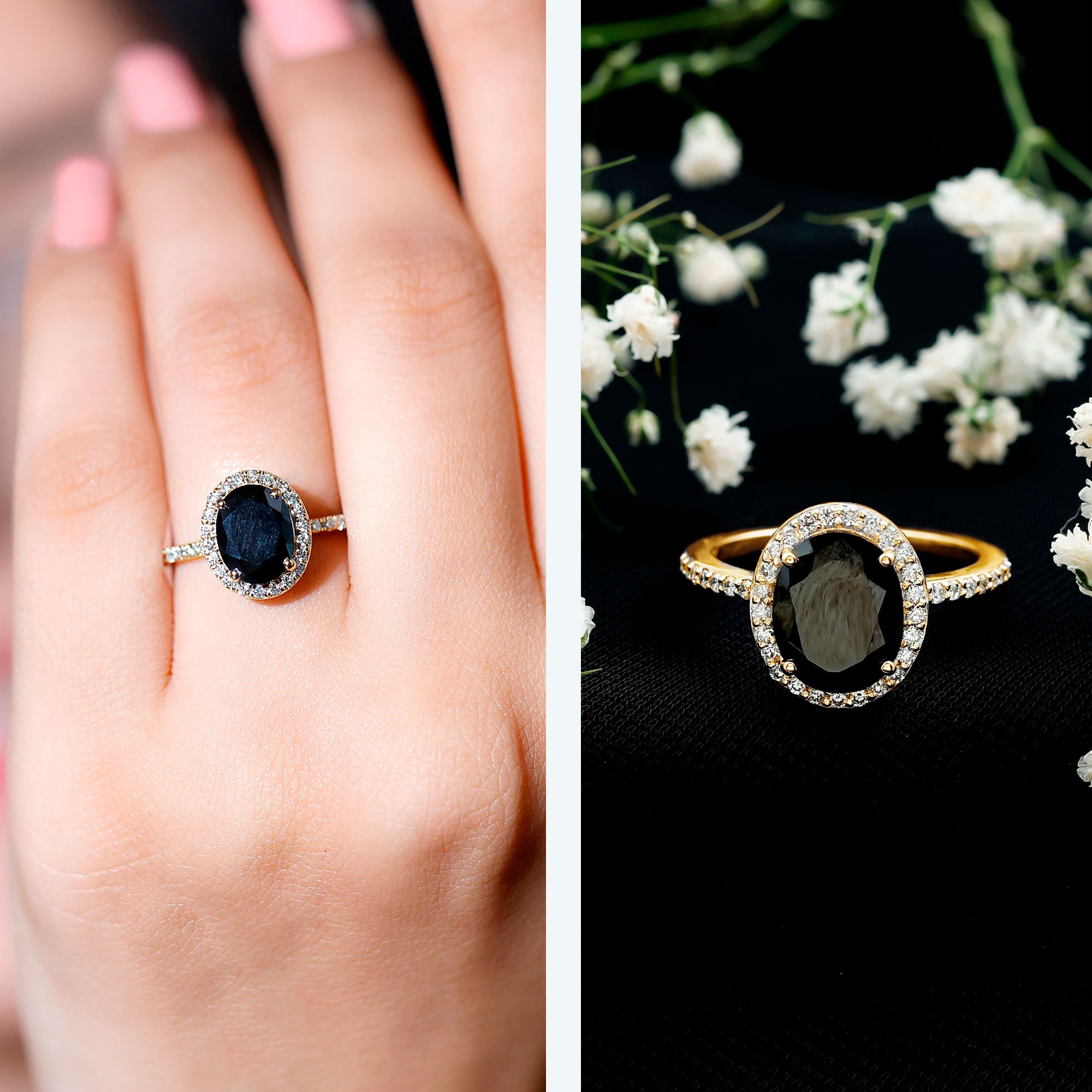 Certified 4.2 Carat Lab Grown Black and White Diamond Oval Engagement Ring with Halo AAAA ( Synthetic ) - Rosec Jewels