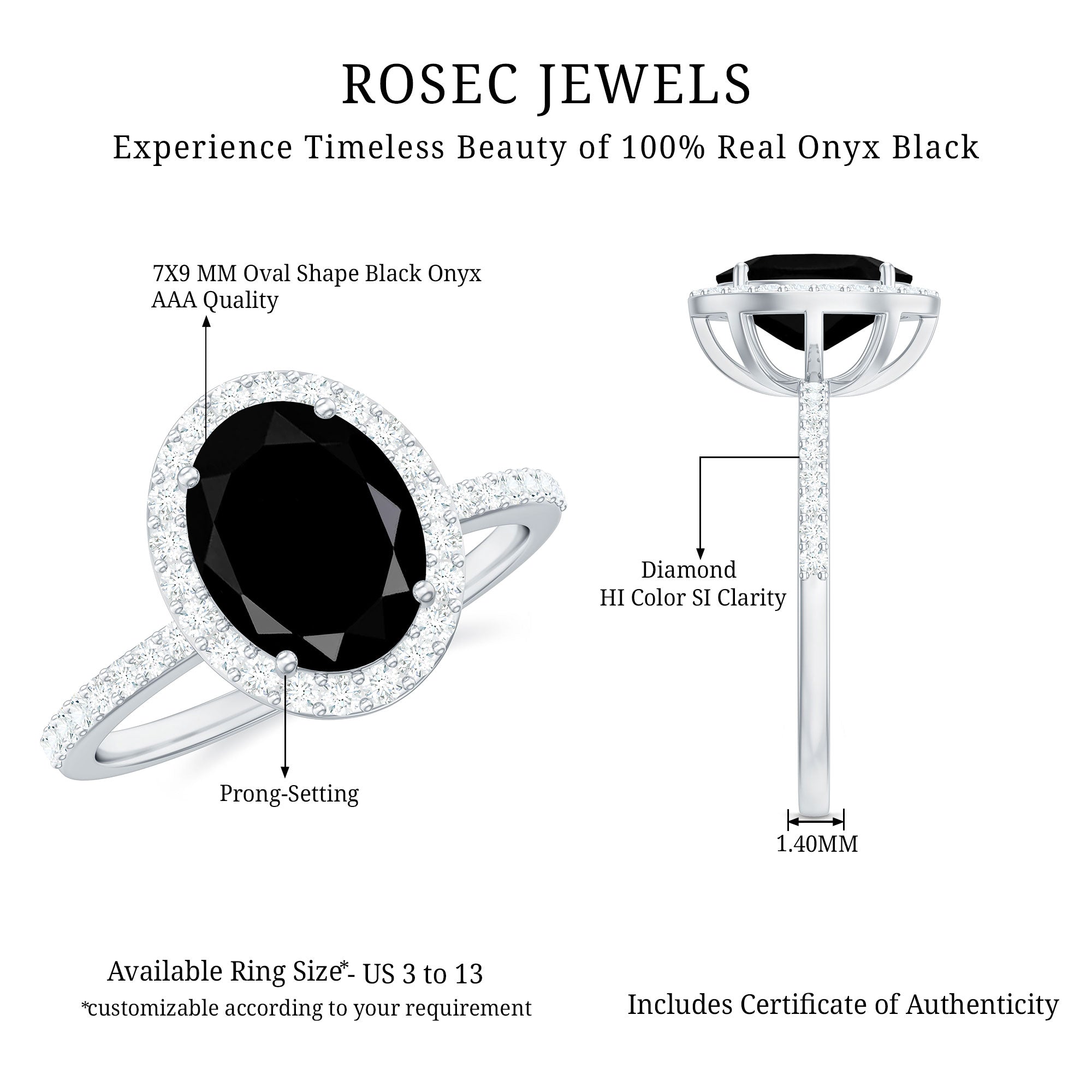 7X9mm Oval Cut Black Onyx Diamond Engagement Ring with Certificate AAA - Rosec Jewels
