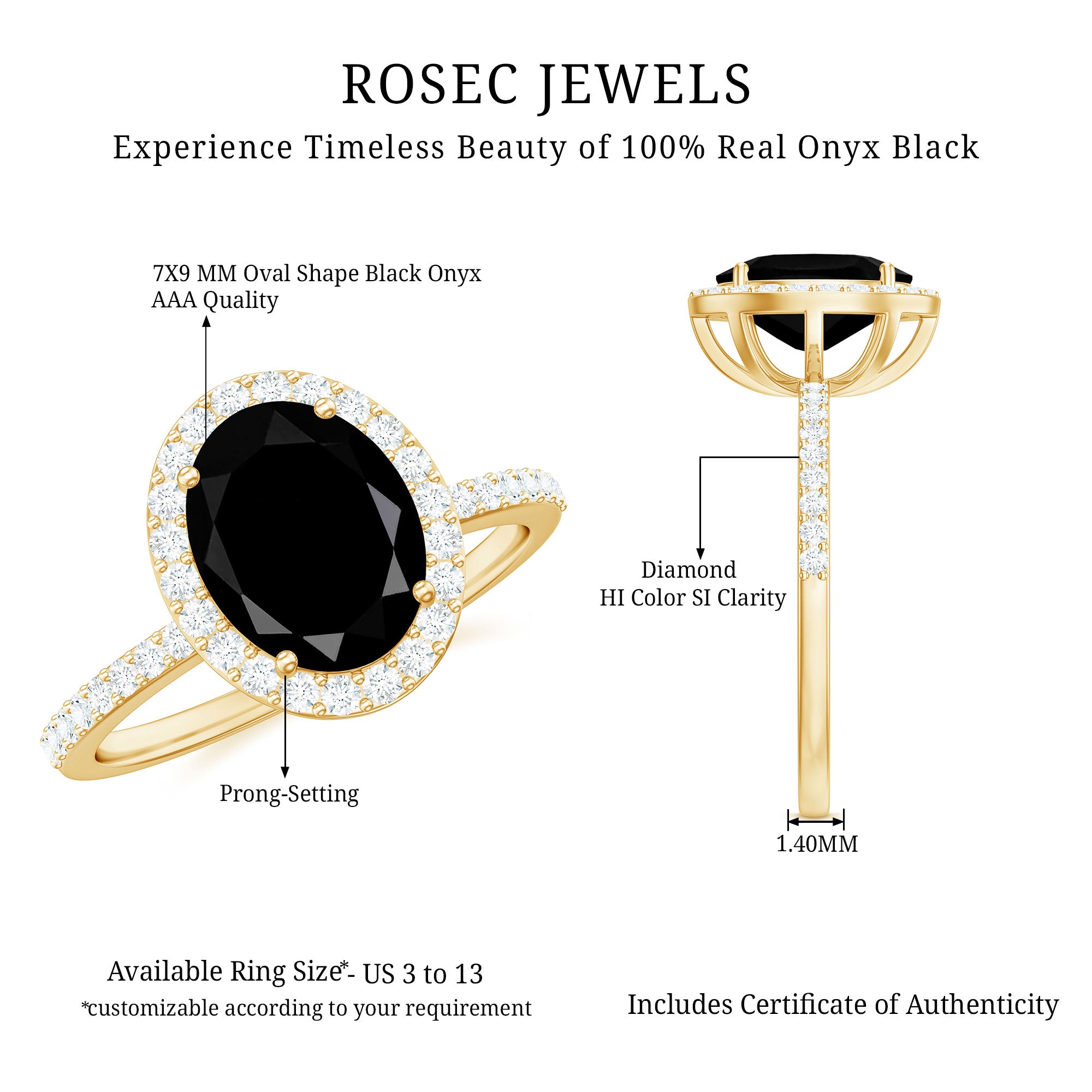 7X9mm Oval Cut Black Onyx Diamond Engagement Ring with Certificate AAA - Rosec Jewels