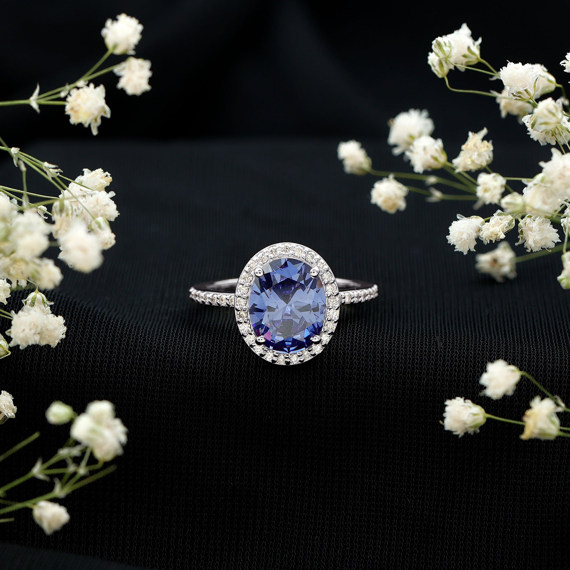 4 Carat Lab Grown Blue Sapphire Oval Engagement Ring with Diamond Halo AAAA - Rosec Jewels
