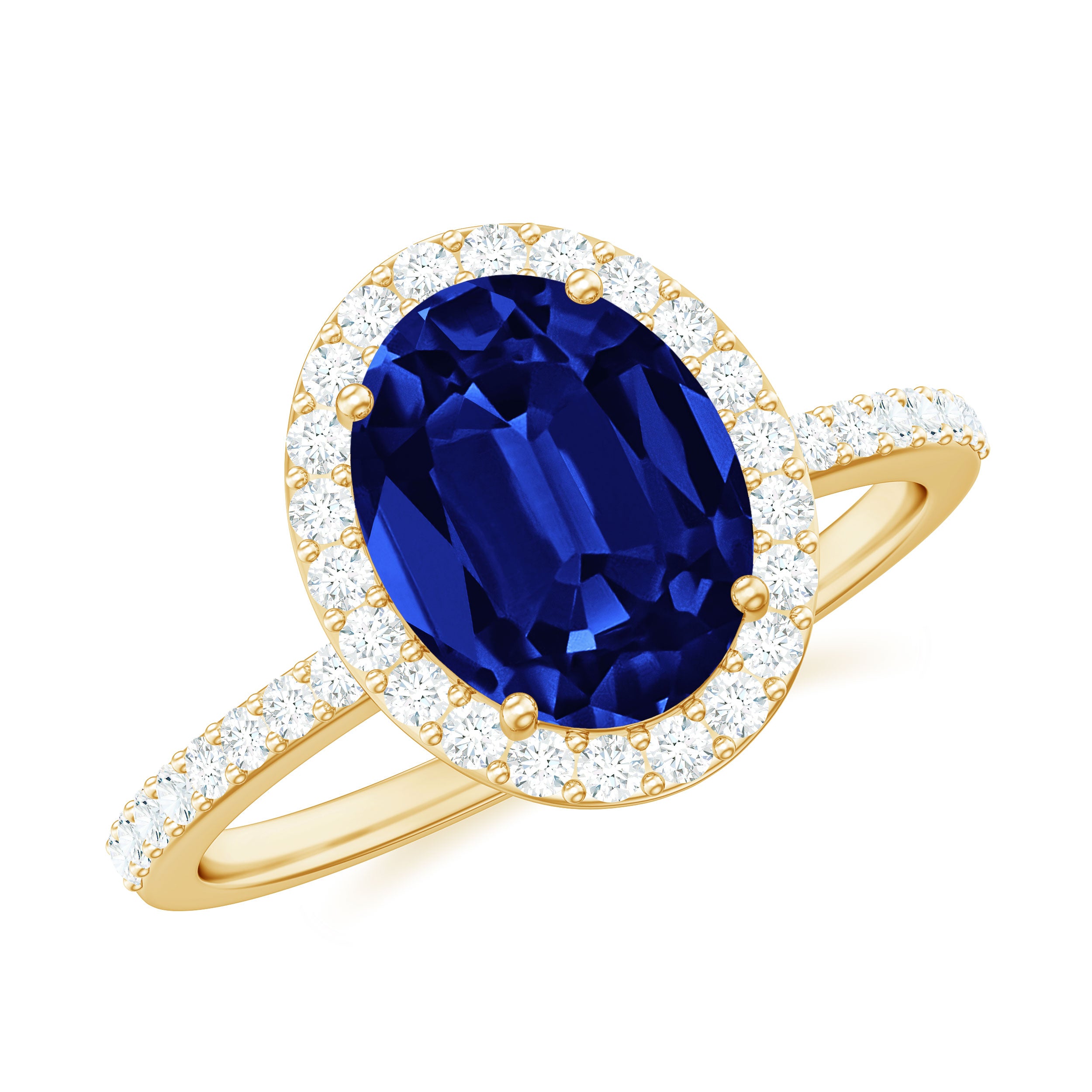 4 Carat Lab Grown Blue Sapphire Oval Engagement Ring with Diamond Halo AAAA - Rosec Jewels