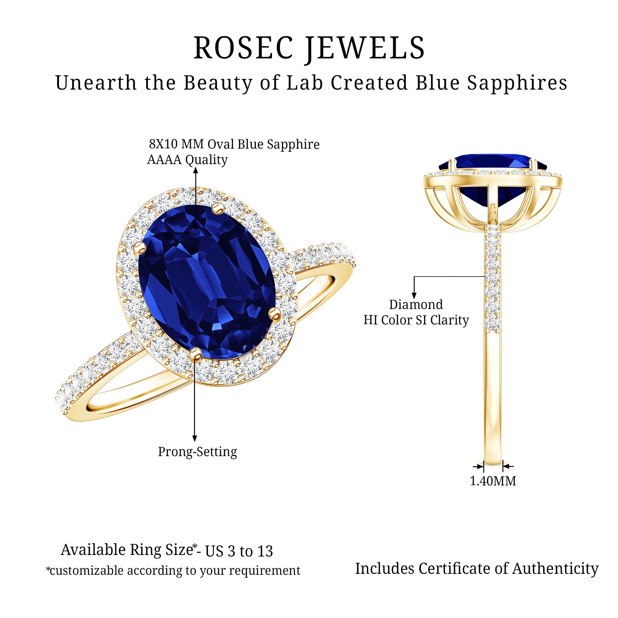 4 Carat Lab Grown Blue Sapphire Oval Engagement Ring with Diamond Halo AAAA - Rosec Jewels