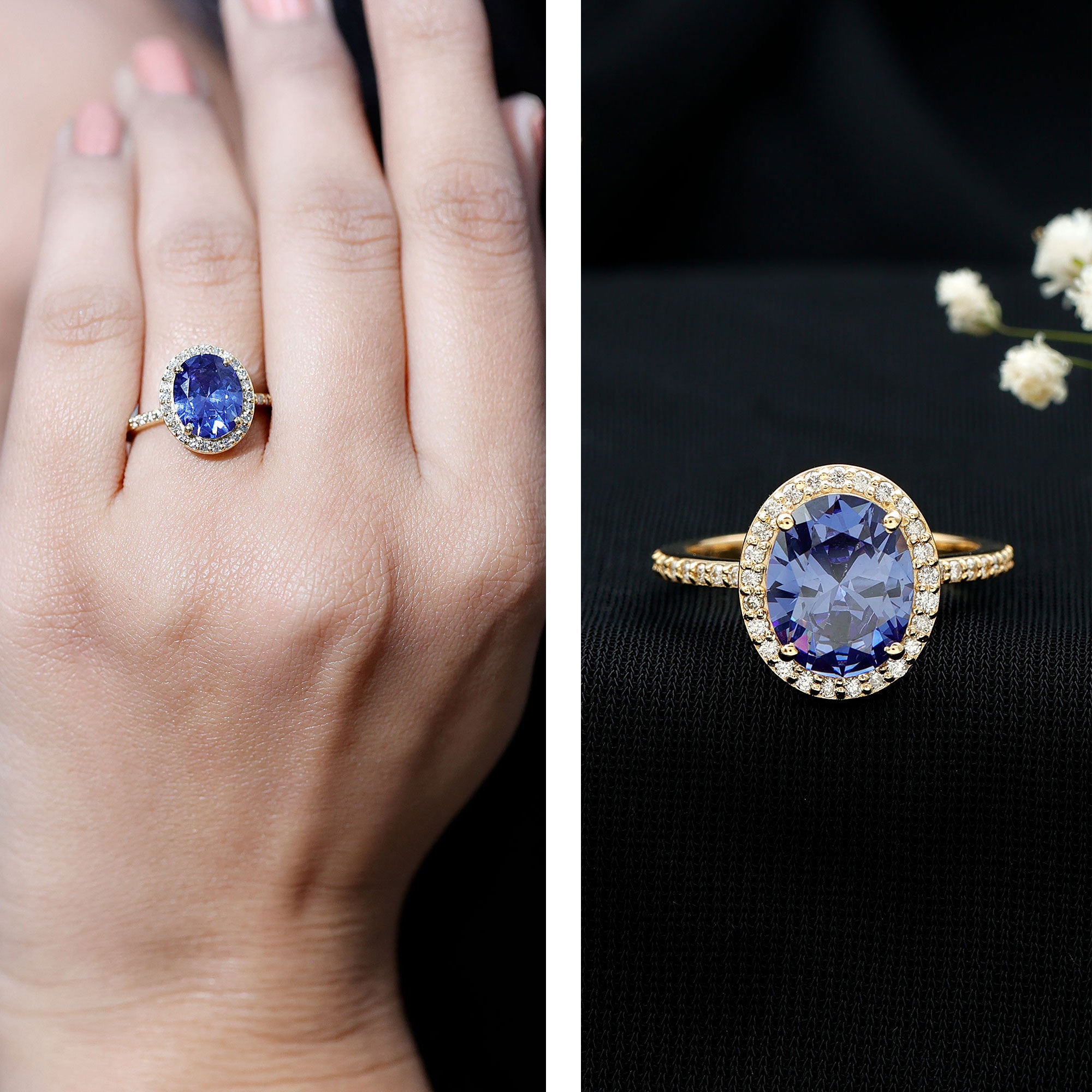 4 Carat Lab Grown Blue Sapphire Oval Engagement Ring with Diamond Halo AAAA - Rosec Jewels