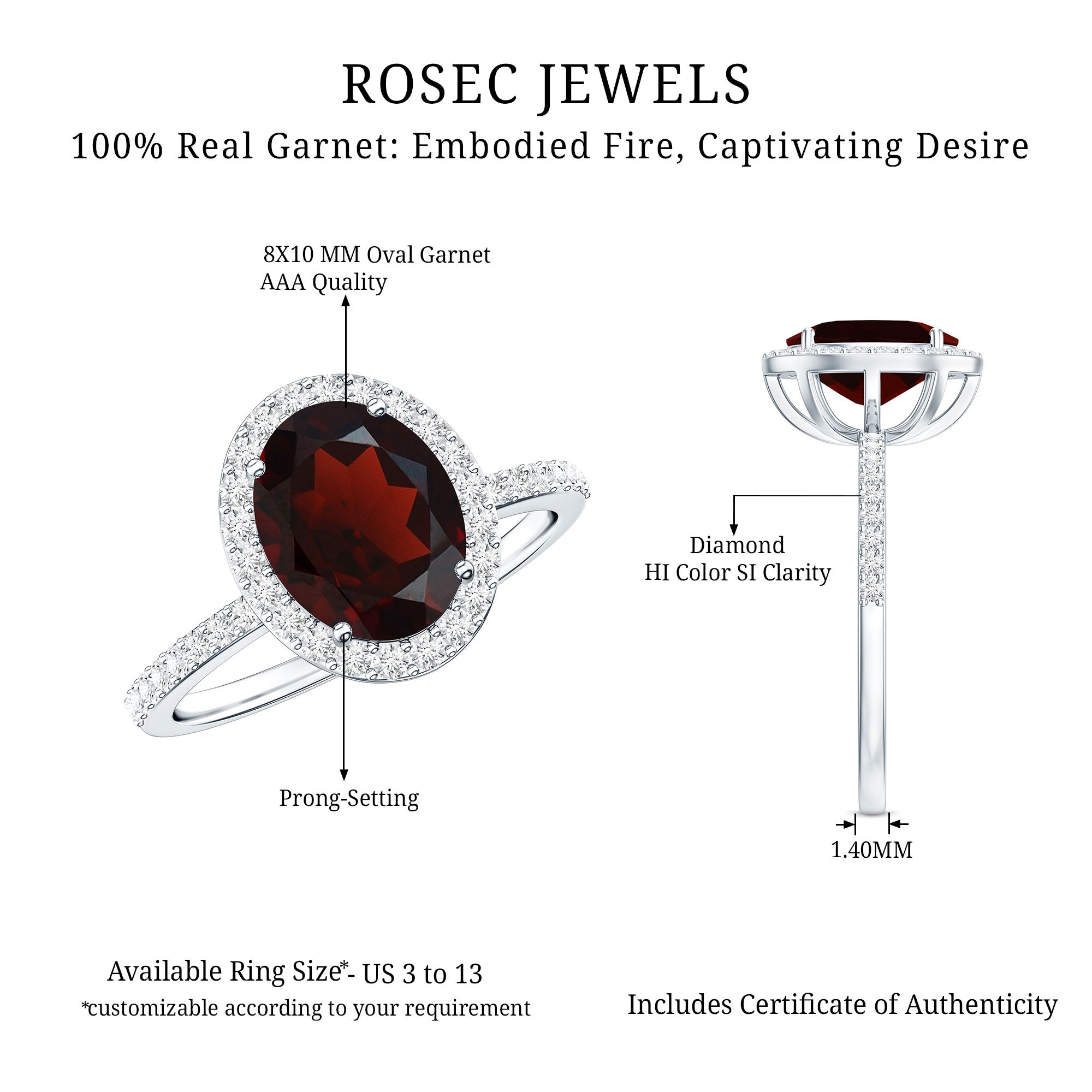Certified Real 8X10mm Garnet Oval Engagement Ring with Diamond Halo AAA - Rosec Jewels