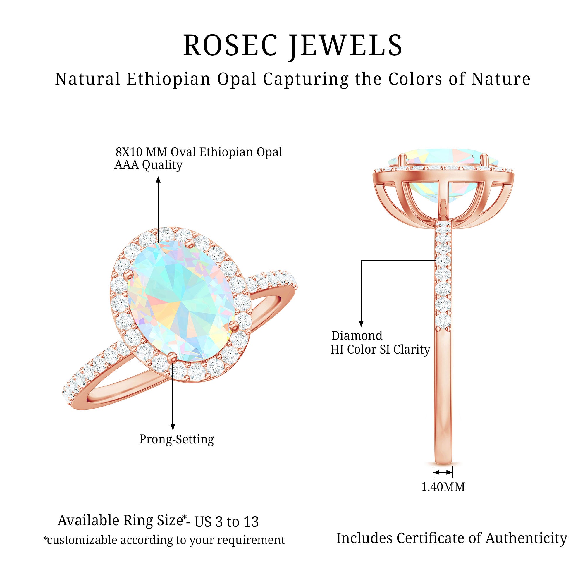 Certified Real 8X10 mm Ethiopian Opal Engagement Ring with Diamond Halo AAA - Rosec Jewels