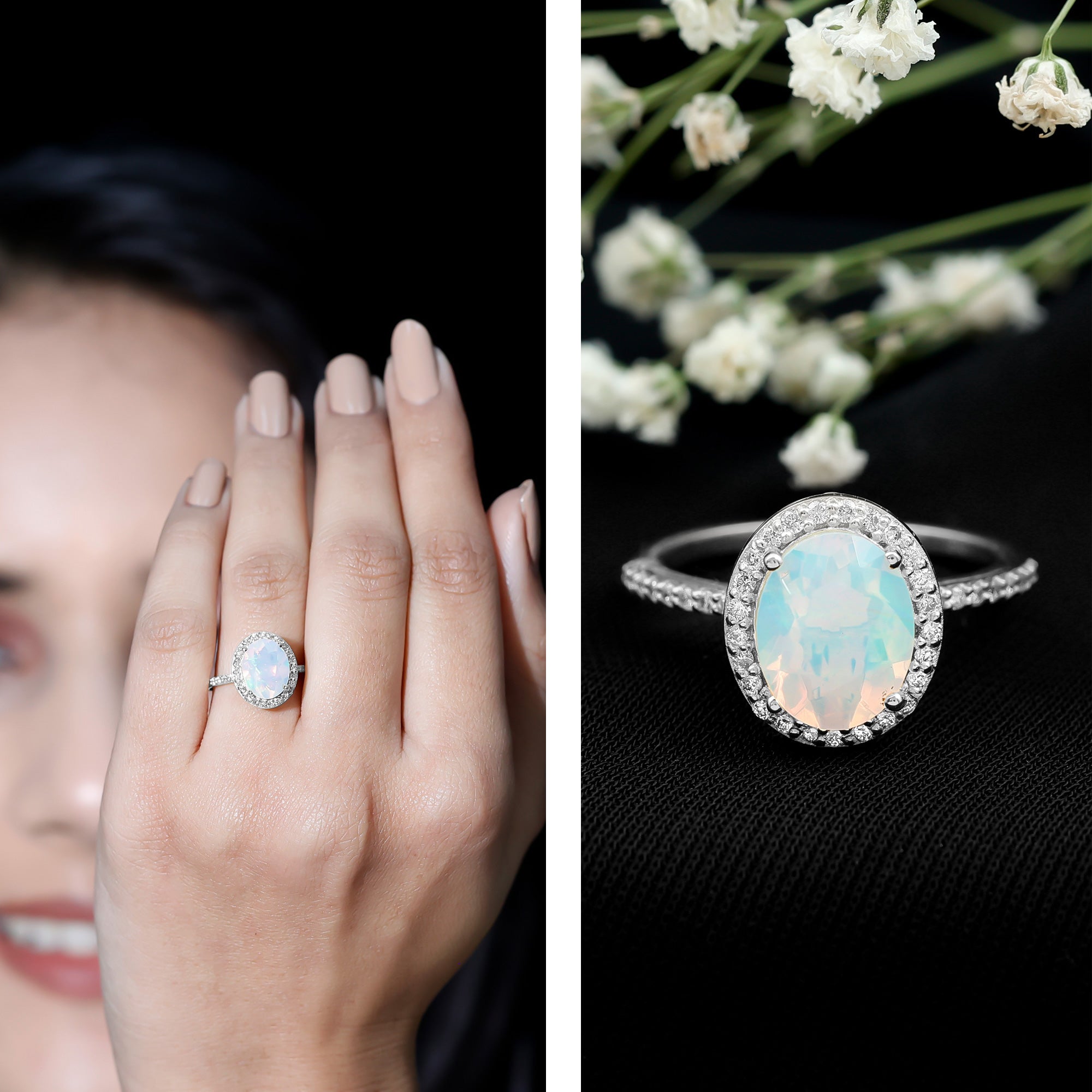 Certified Real 8X10 mm Ethiopian Opal Engagement Ring with Diamond Halo AAA - Rosec Jewels