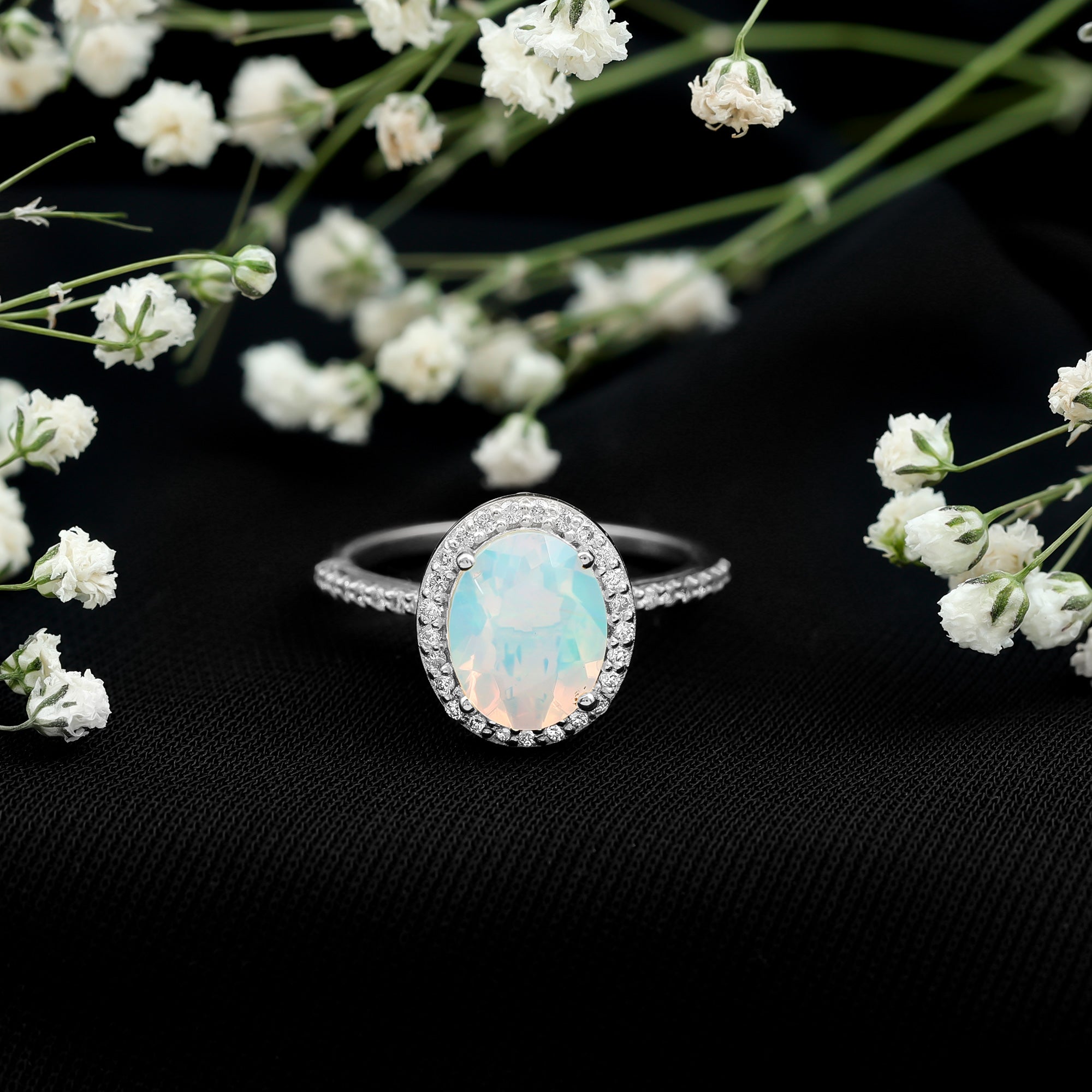 Certified Real 8X10 mm Ethiopian Opal Engagement Ring with Diamond Halo AAA - Rosec Jewels
