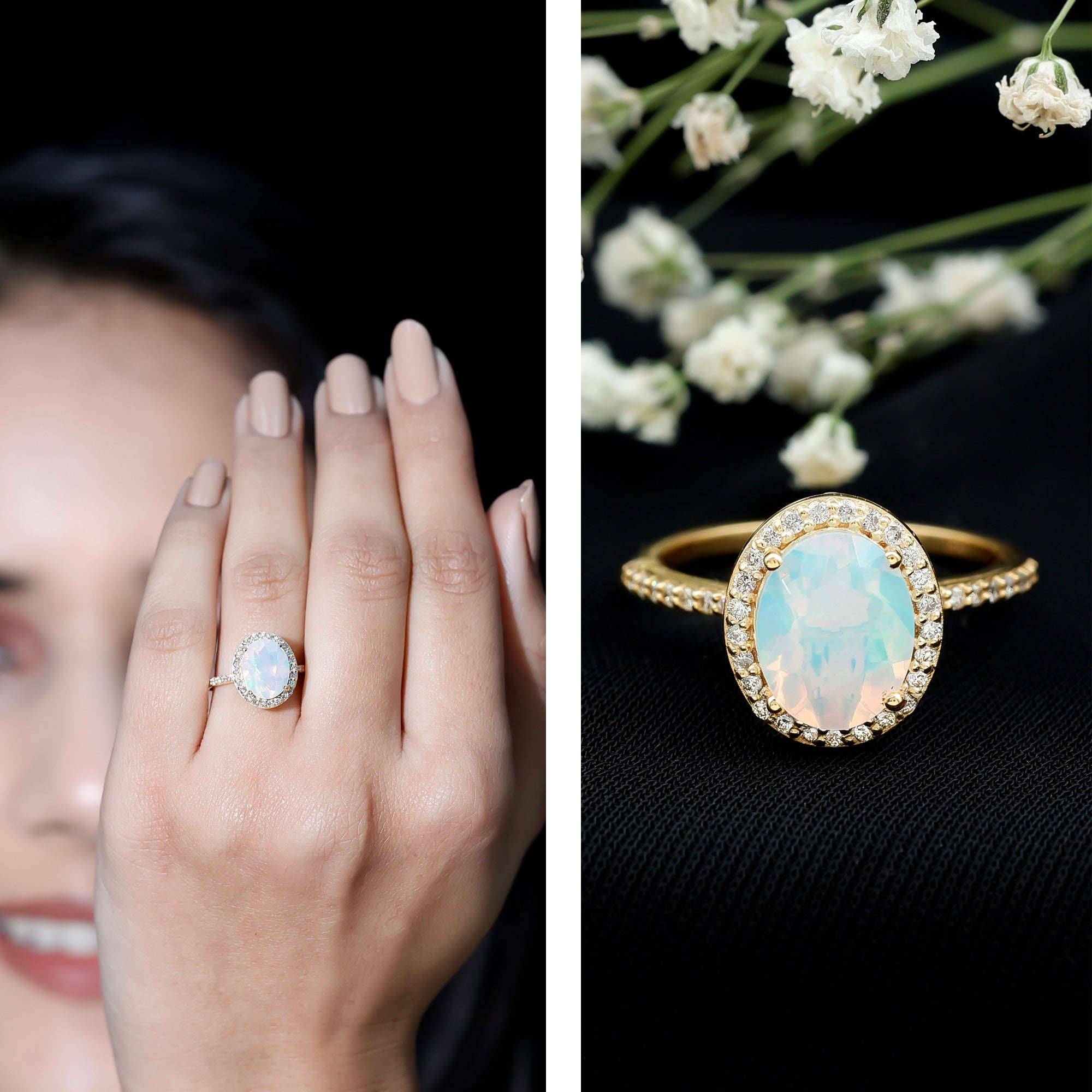 Certified Real 8X10 mm Ethiopian Opal Engagement Ring with Diamond Halo AAA - Rosec Jewels