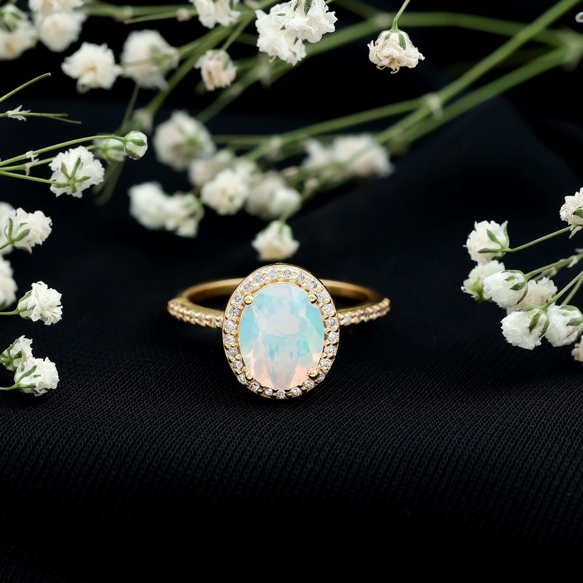 Certified Real 8X10 mm Ethiopian Opal Engagement Ring with Diamond Halo AAA - Rosec Jewels