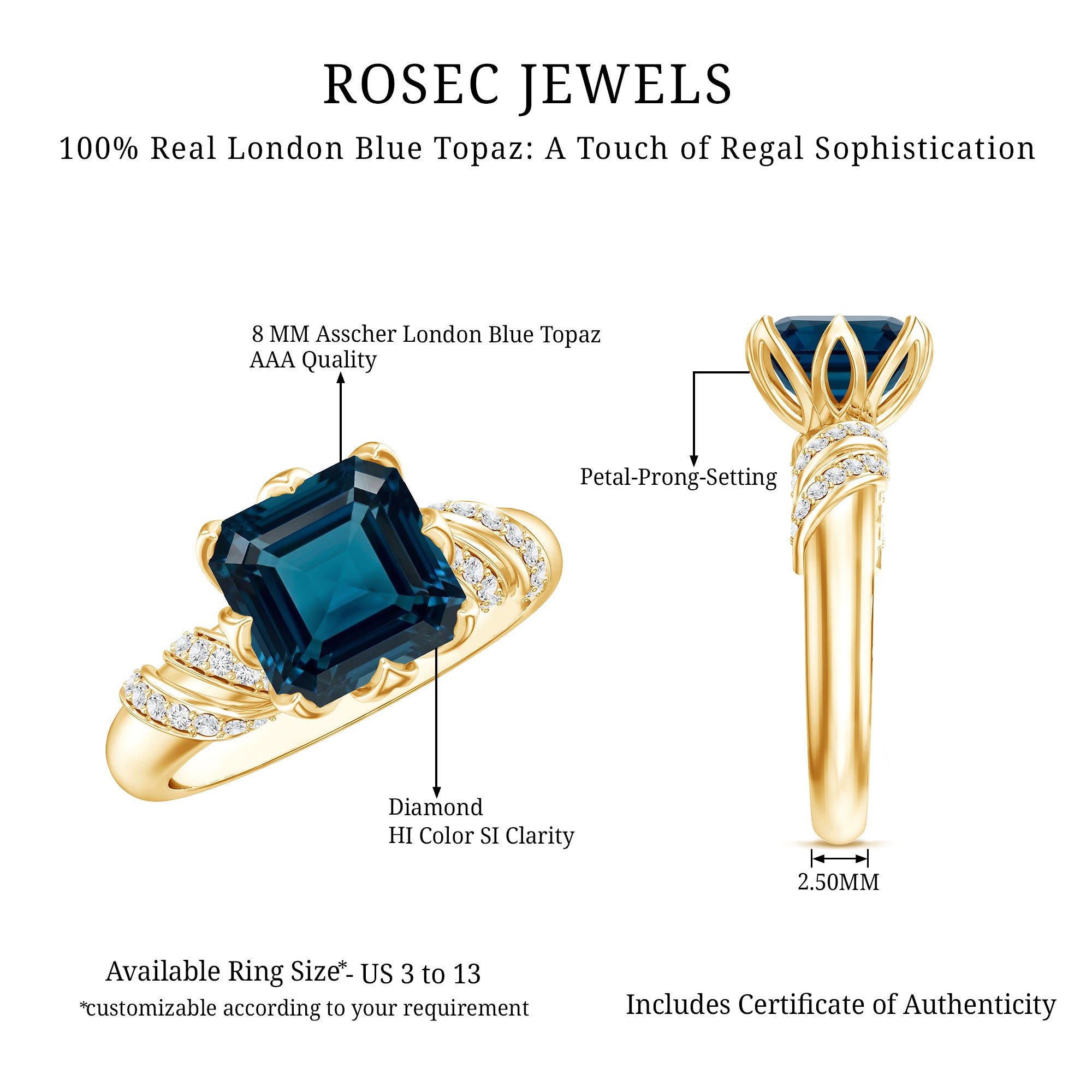 8mm Asscher Cut London Blue Topaz Designer Solitaire Engagement Ring AAA - Rosec Jewels