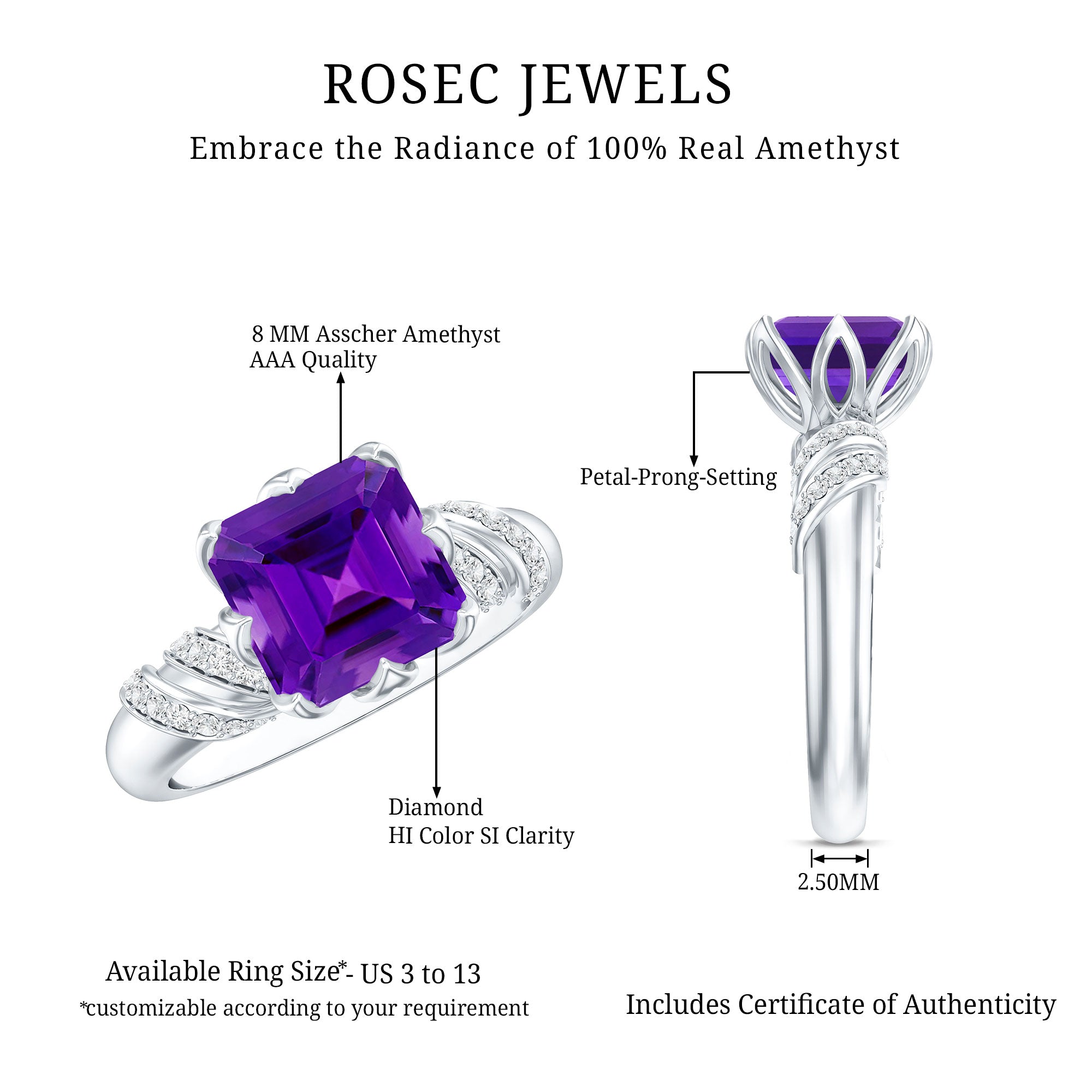 Vintage Looking 3 Carat Amethyst Asscher Cut Engagement Ring with Diamond AAA - Rosec Jewels