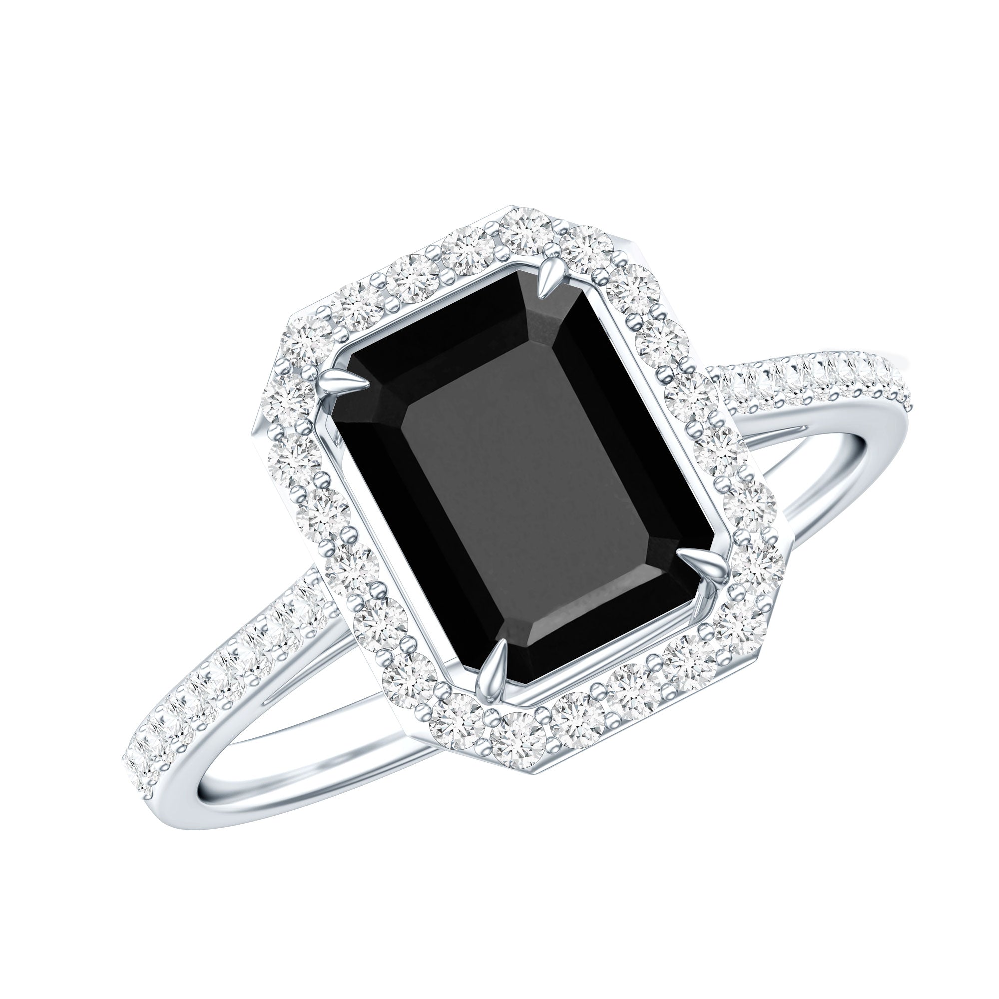 1.6 Carat Lab Grown Black and White Diamond Emerald Cut Engagement Ring with Halo AAAA ( Synthetic ) - Rosec Jewels