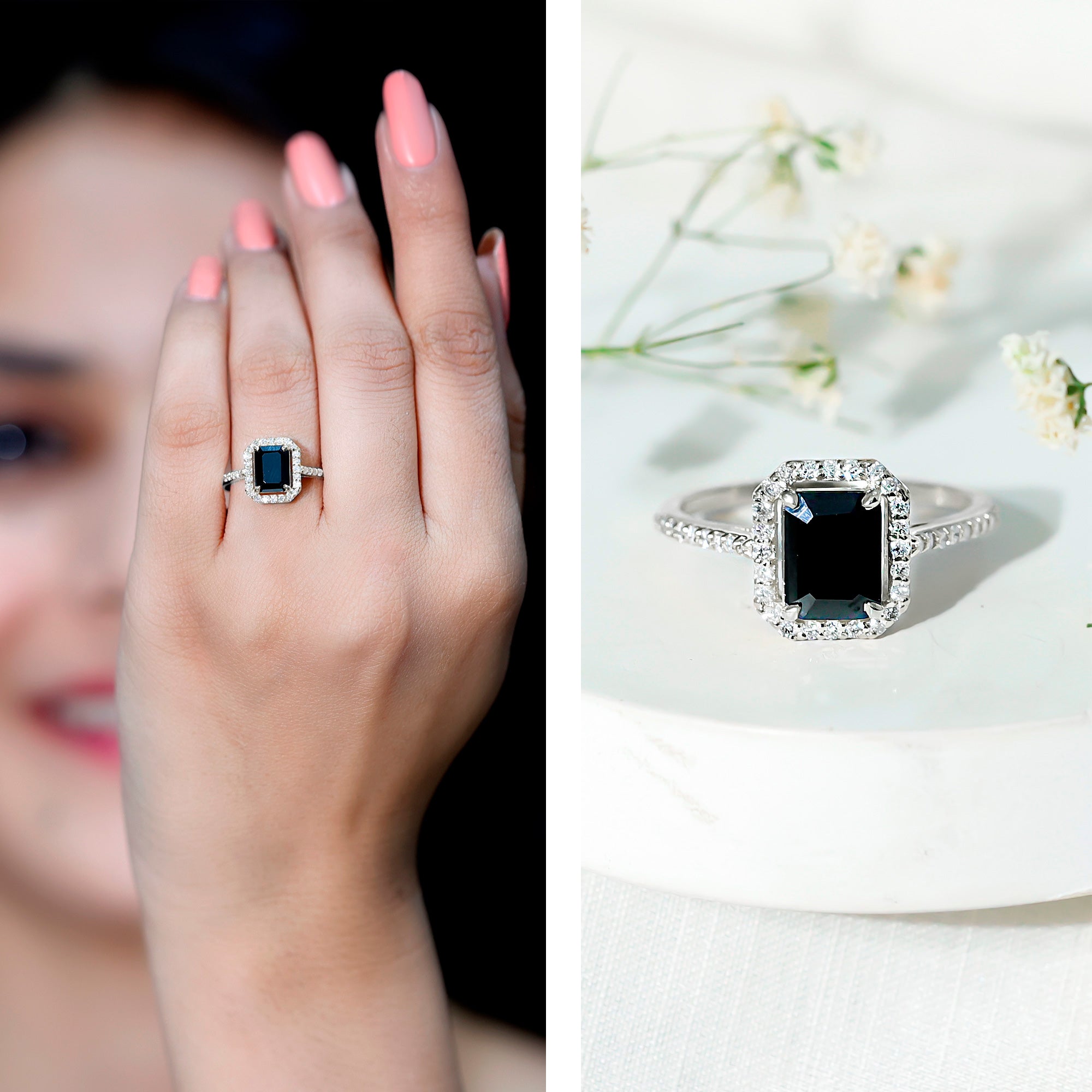 1.6 Carat Lab Grown Black and White Diamond Emerald Cut Engagement Ring with Halo AAAA ( Synthetic ) - Rosec Jewels