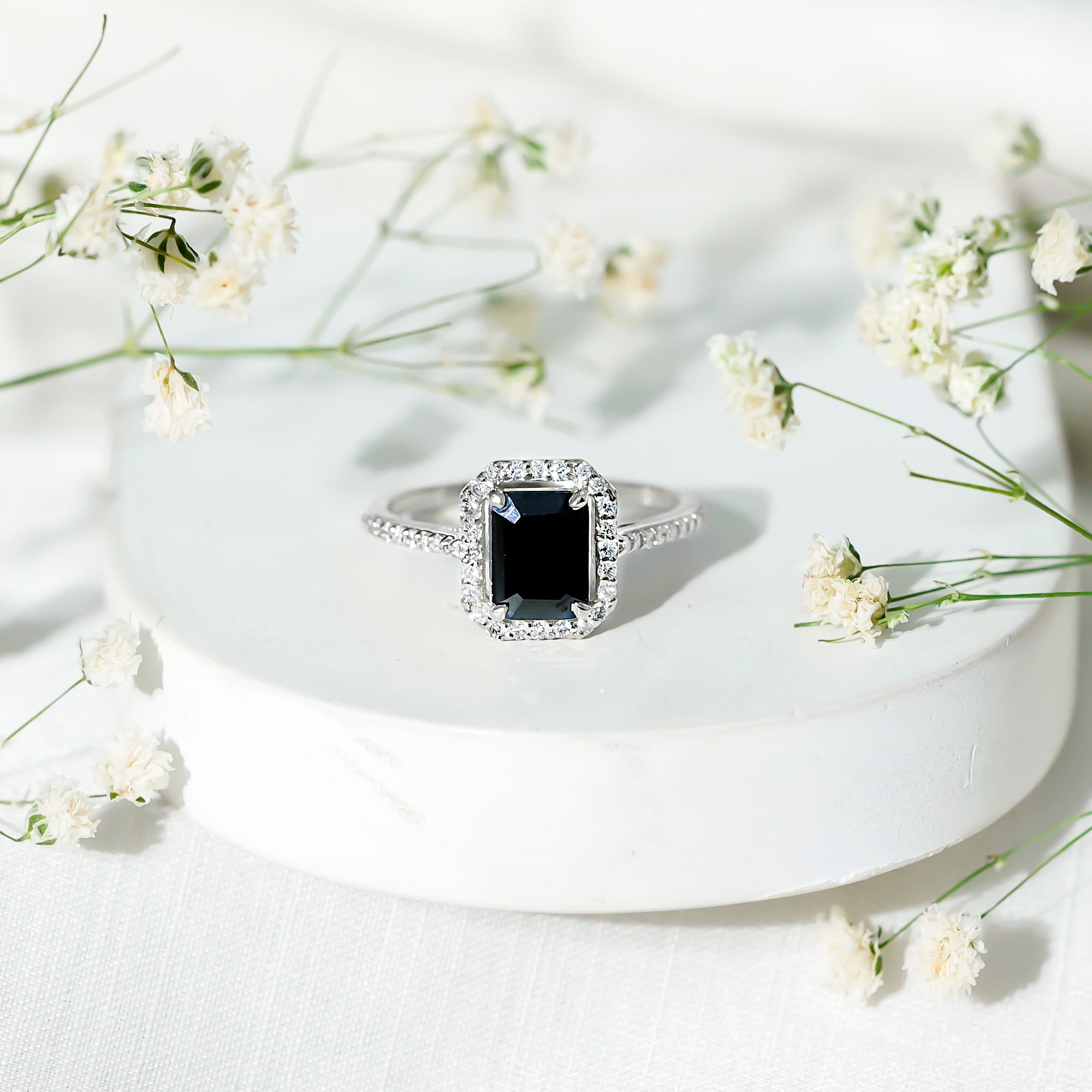 1.6 Carat Lab Grown Black and White Diamond Emerald Cut Engagement Ring with Halo AAAA ( Synthetic ) - Rosec Jewels